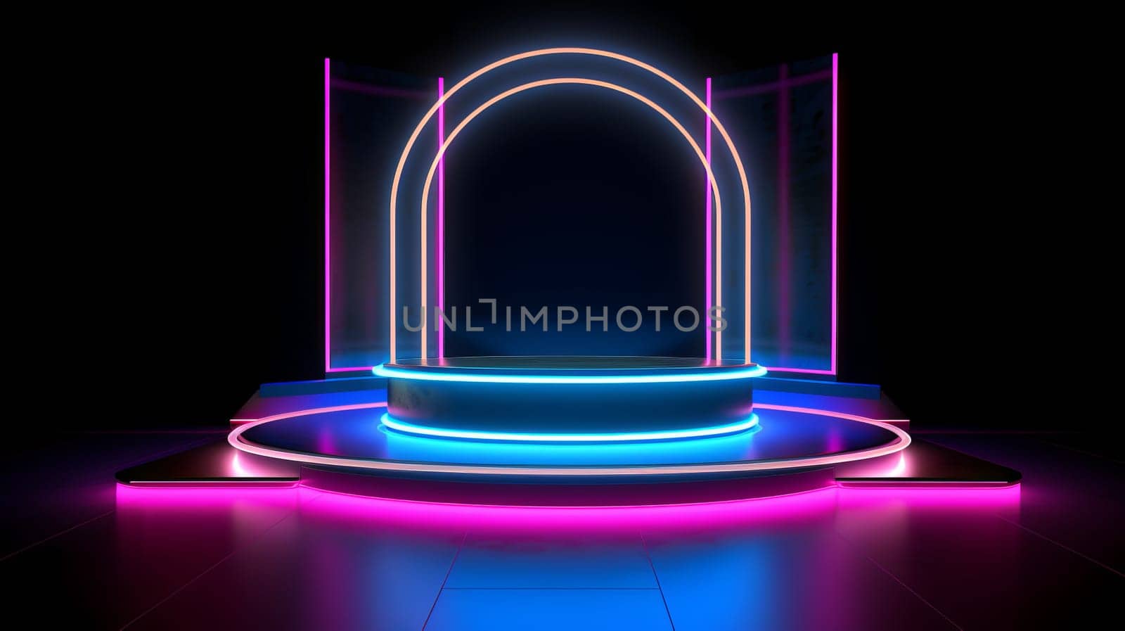 Round glowing podium with an arch with neon lights by Zakharova