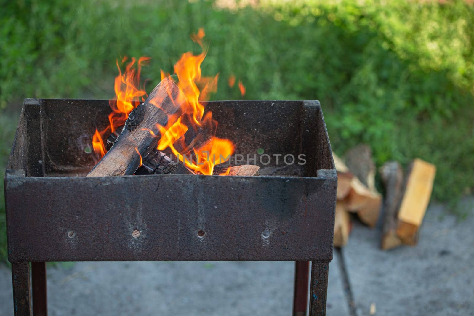 Open Air Rustic Metal Barbecue Grill with Firewood. Fire flame for BBQ on summer picnic in green garden. by its_al_dente