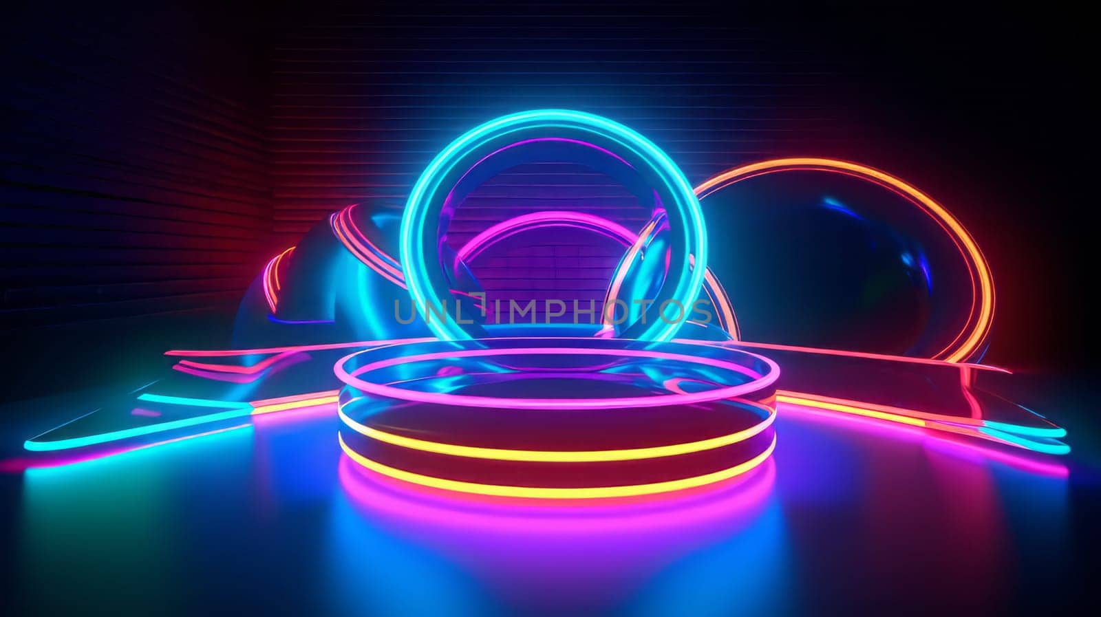 Round glowing podium with neon lights near a brick wall by Zakharova