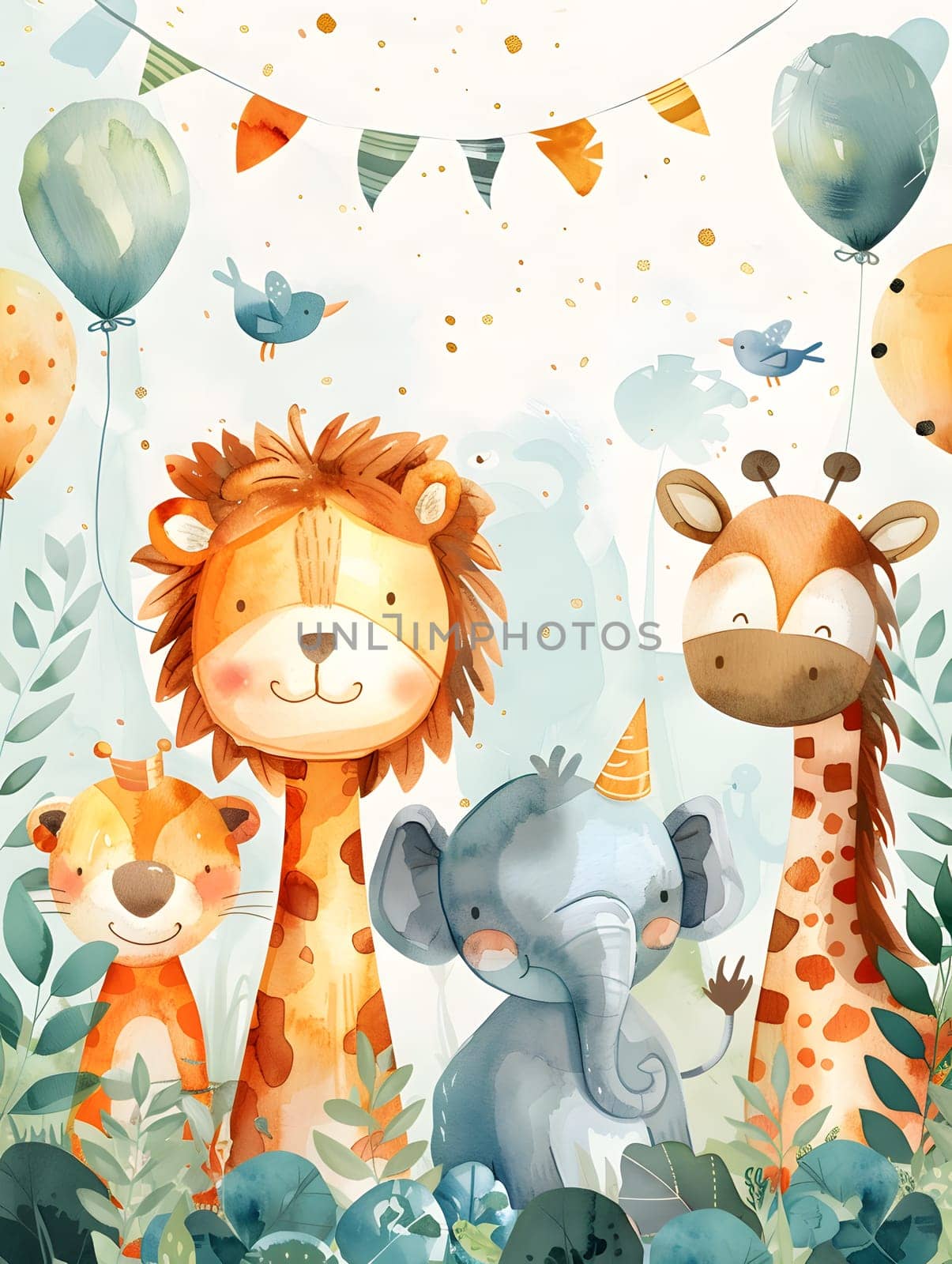 A lion, giraffe, elephant, and tiger in a cartoon illustration celebrating a birthday with balloons, creating a fun and happy atmosphere with smiles all around