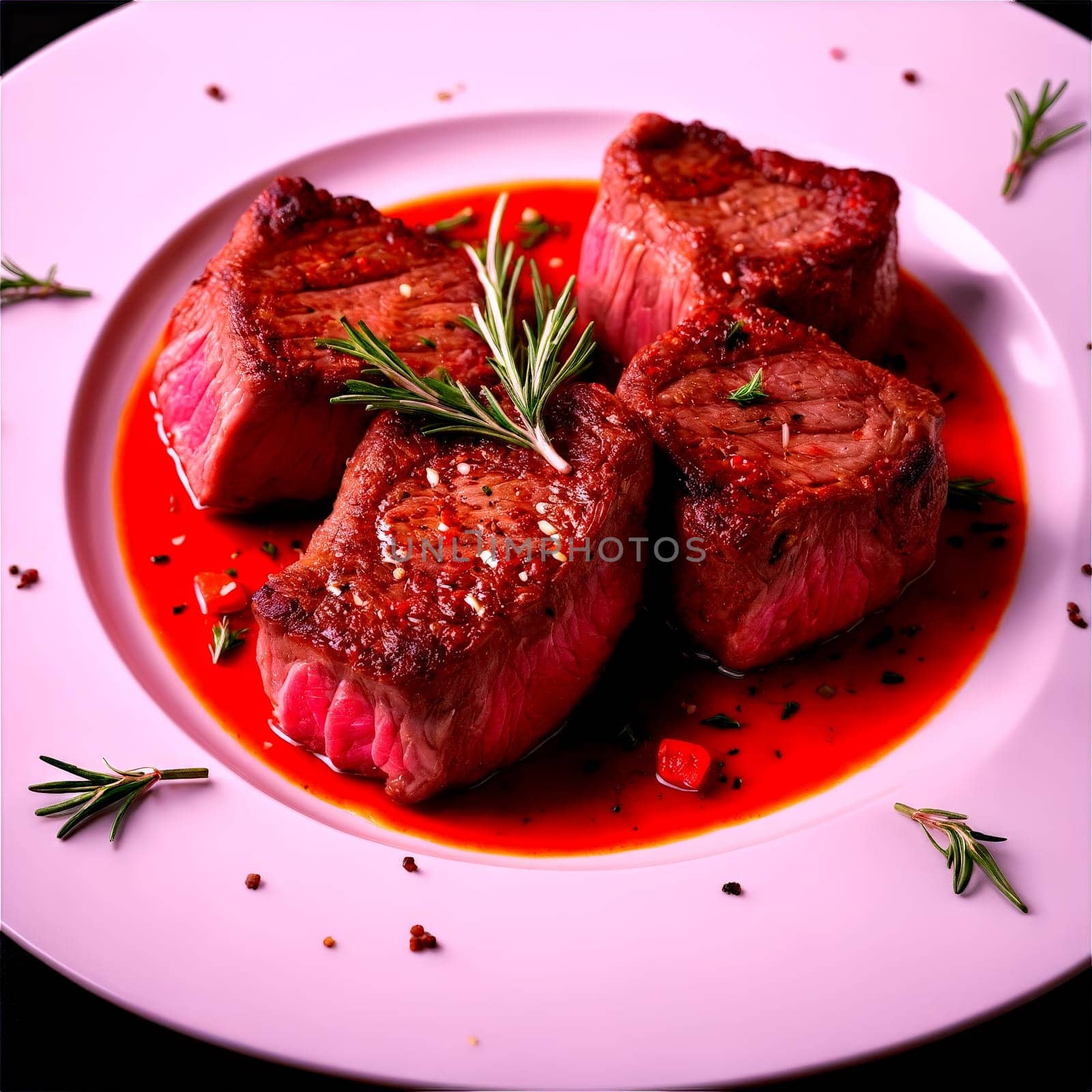 Lamb loin chops delicate and tender with garlic and rosemary needles exploding in a Mediterrane by panophotograph