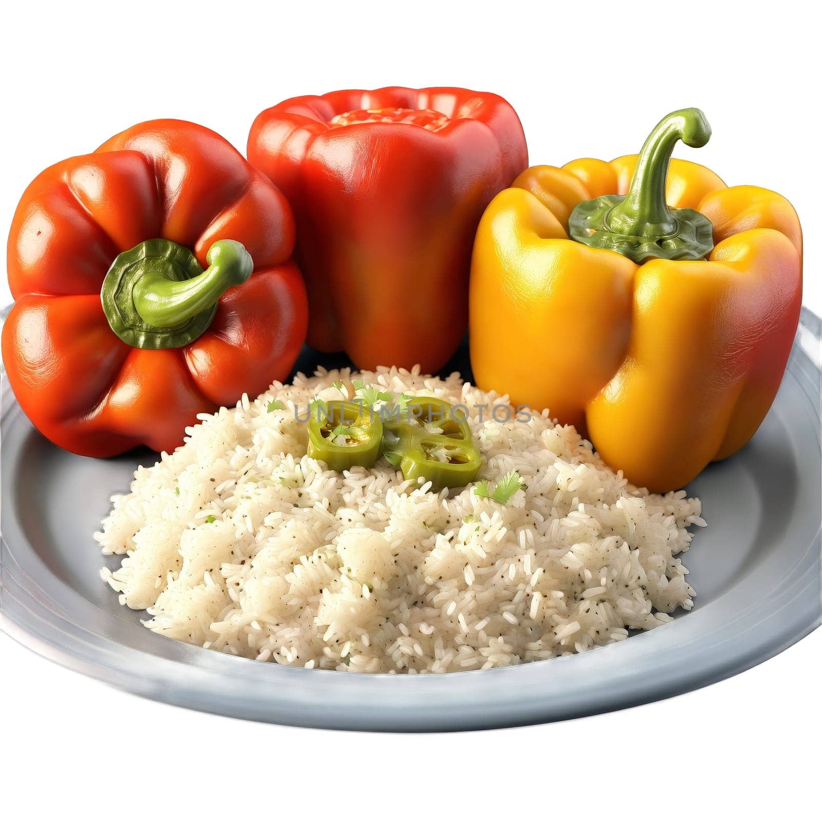 Stuffed Peppers with bell peppers ground beef rice and tomato sauce spinning with steam rising by panophotograph