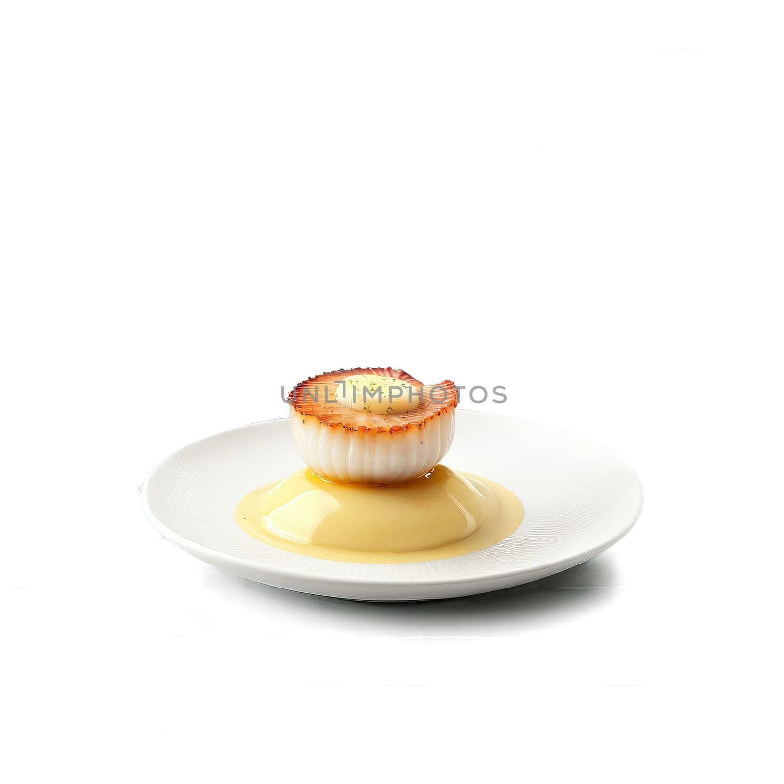 Seared scallop golden crusted bivalve in glass dish beurre blanc sauce pooled isolated on transparent by panophotograph