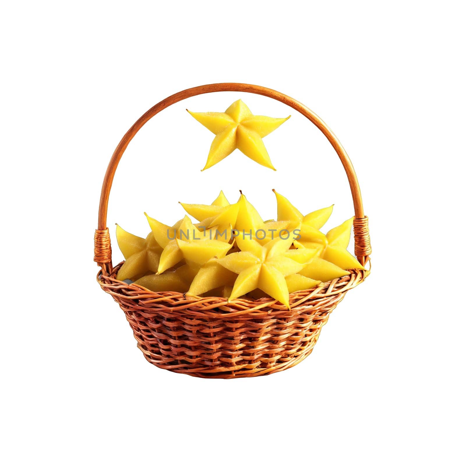 Starfruit averrhoa carambola yellow whole and sliced whirling over vintage wicker basket misty air Food by panophotograph
