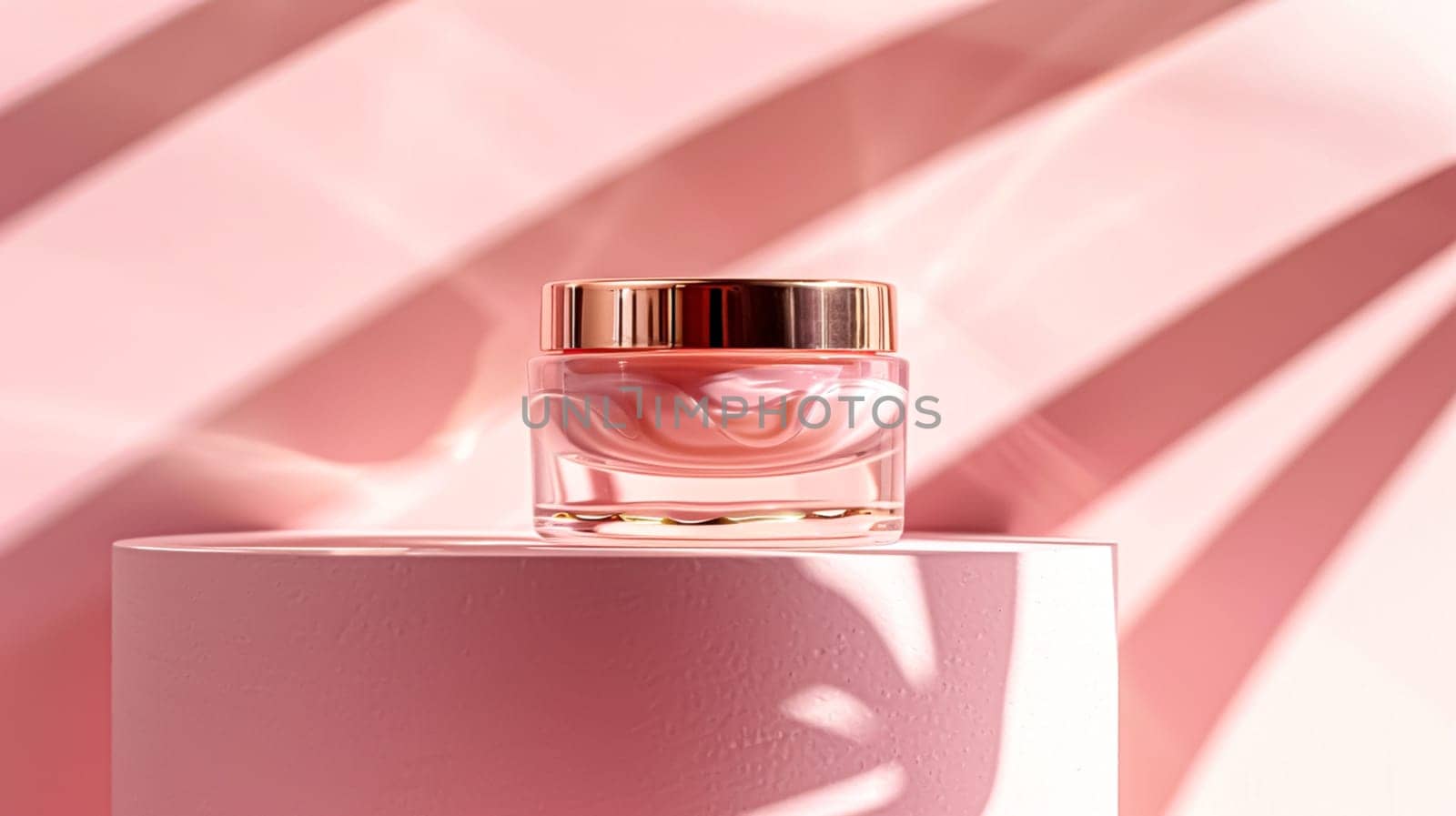 Cosmetic cream in a glass jar on pink background. Skin care concept. Backdrop for beauty products by Olayola