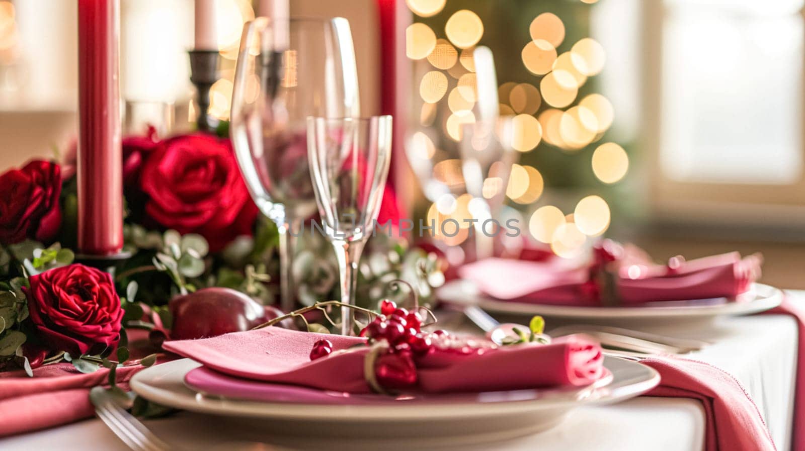 Festive table setting with cutlery, candles and beautiful red flowers in vase by Olayola