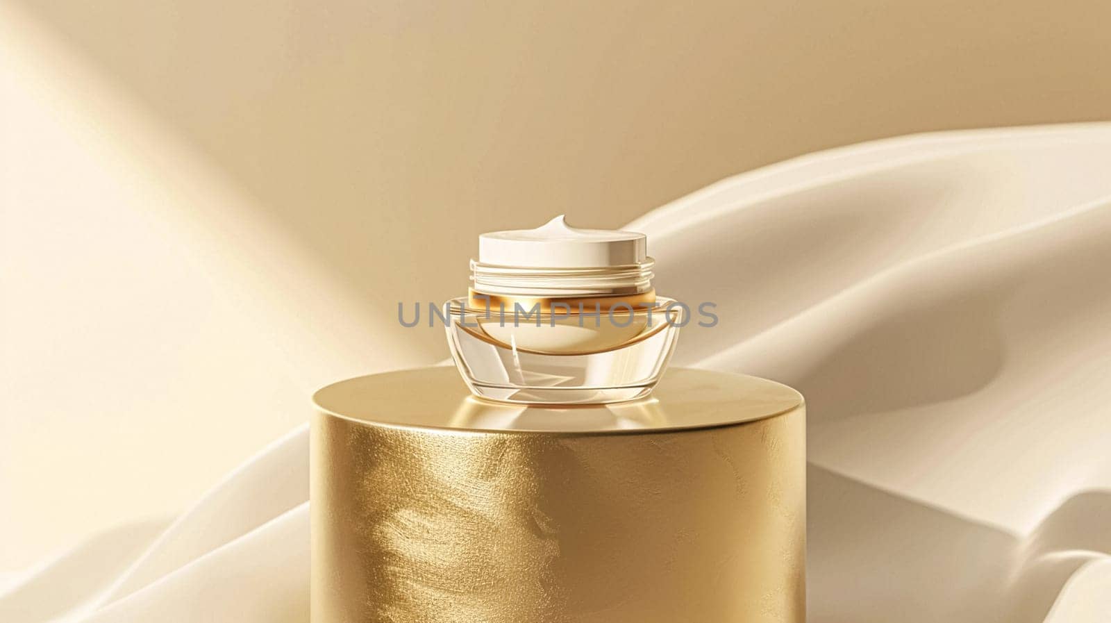 Face cream in a glass jar on white and gold background. Skin care concept. Backdrop for beauty cosmetic products by Olayola