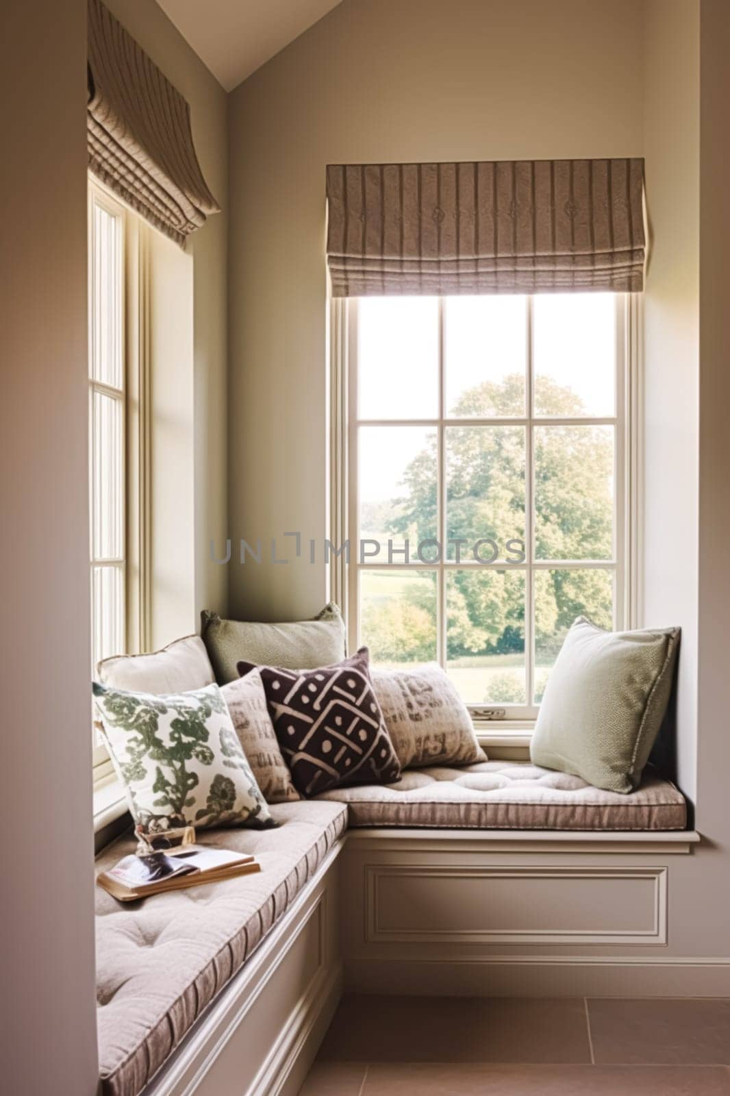 Window seat, interior design and comfort at home, reading nook with cushions and decor in a country house, English cottage style, generative ai by Anneleven