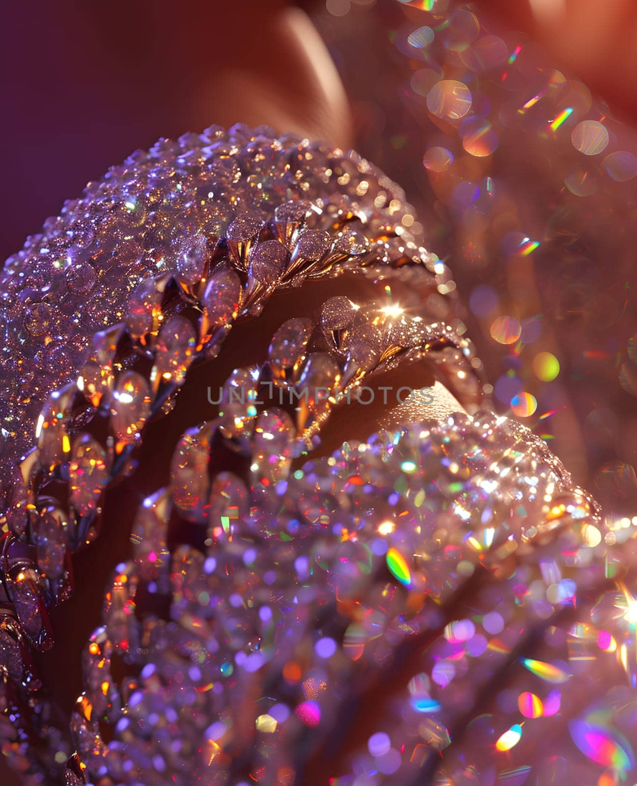 A closeup photo showcasing a persons face covered in sparkling glitter, resembling a terrestrial plant. The purple hues add a touch of elegance, making it a perfect fashion accessory for any event