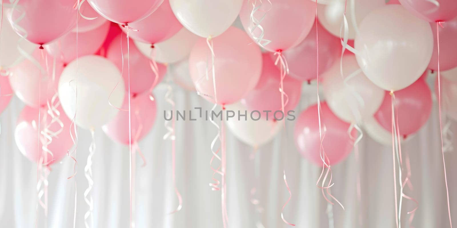 Pink and white balloons with curly ribbons on white background, festive party or celebration concept, design for greeting card or invitation. Ai generation. High quality photo