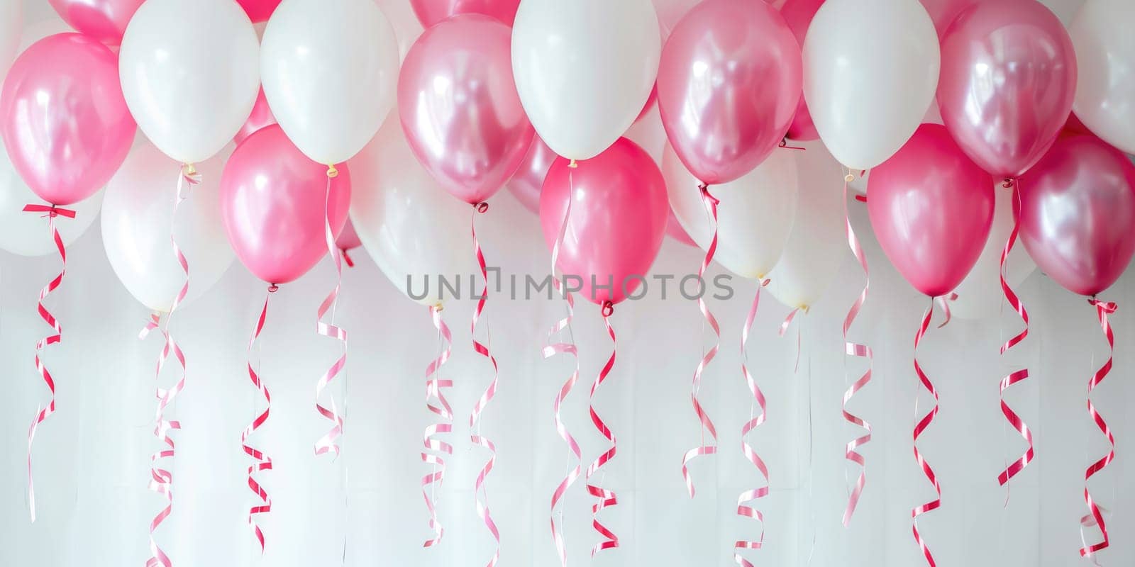 Pink and white balloons with curly ribbons on white background, festive party or celebration concept, design for greeting card or invitation. Ai generation. High quality photo