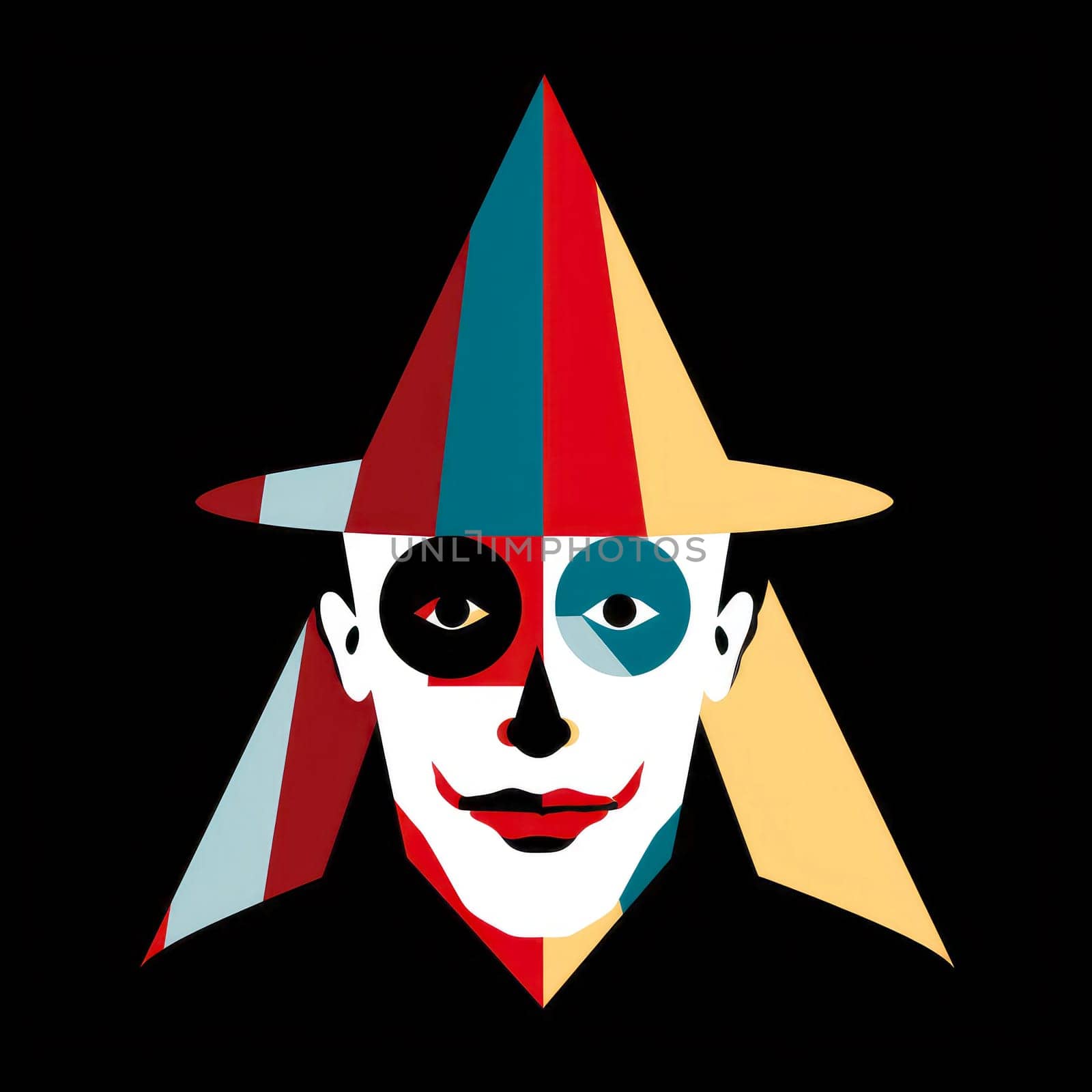 Abstract image of a clown in bright vector pop art style. Template for poster, sticker, t-shirt print, etc. Template for poster, sticker, t-shirt print, etc.