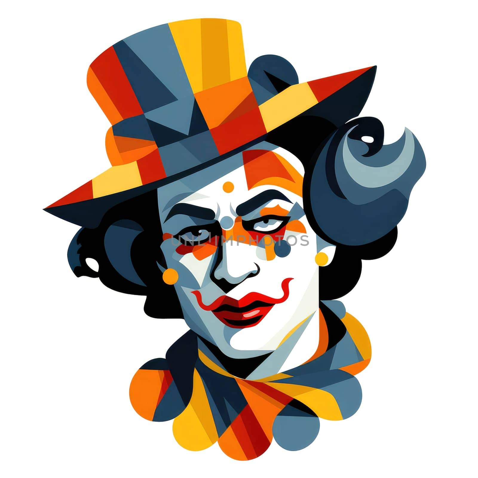 Abstract image of a clown in bright vector pop art style. Template for poster, sticker, t-shirt print, etc. Template for poster, sticker, t-shirt print, etc.