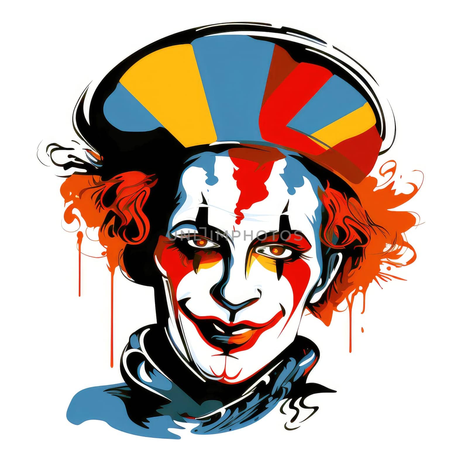 Abstract image of a clown in bright vector pop art style. Template for poster, sticker, t-shirt print, etc. Template for poster, sticker, t-shirt print, etc.