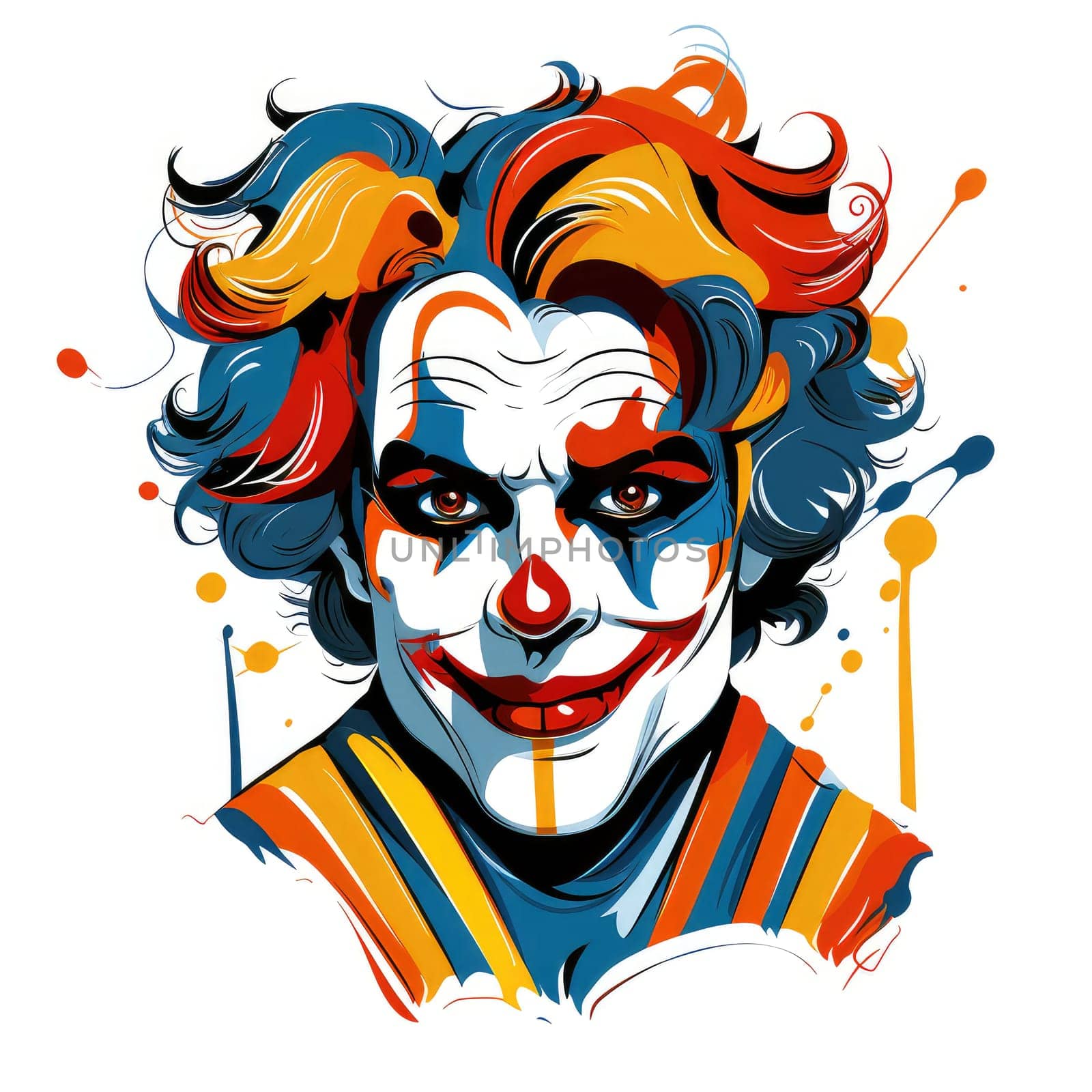 Abstract image of a clown in bright vector pop art style. Template for poster, sticker, t-shirt print, etc. Template for poster, sticker, t-shirt print, etc.