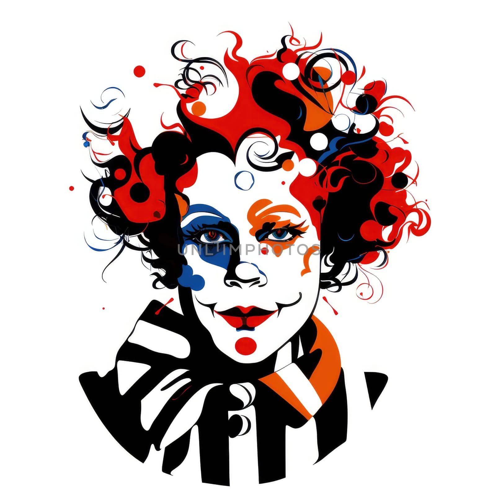 Abstract image of a clown in bright vector pop art style. Template for poster, sticker, t-shirt print, etc. Template for poster, sticker, t-shirt print, etc.