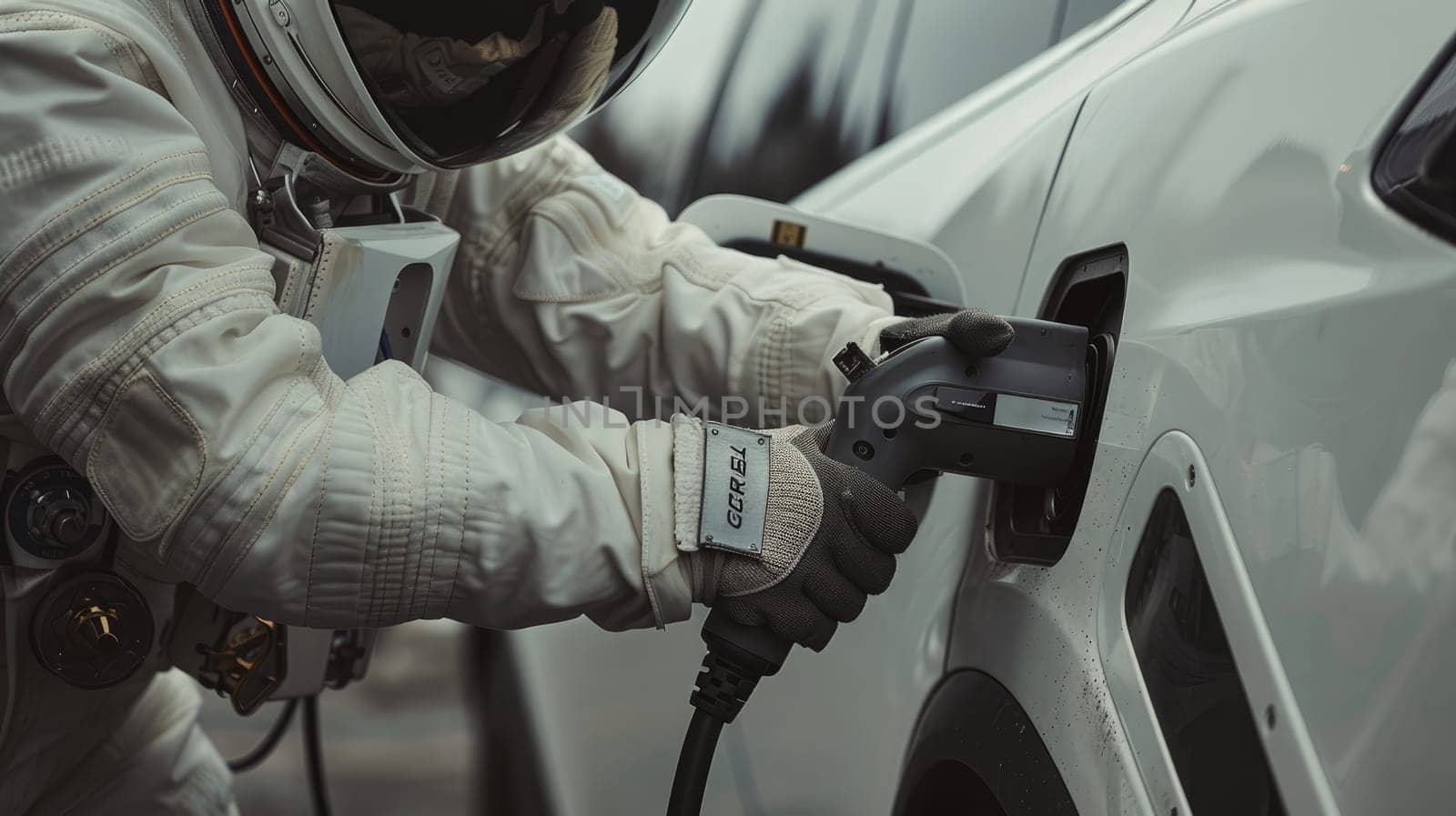 Hand of an astronaut charging electric car, Futuristic technology.