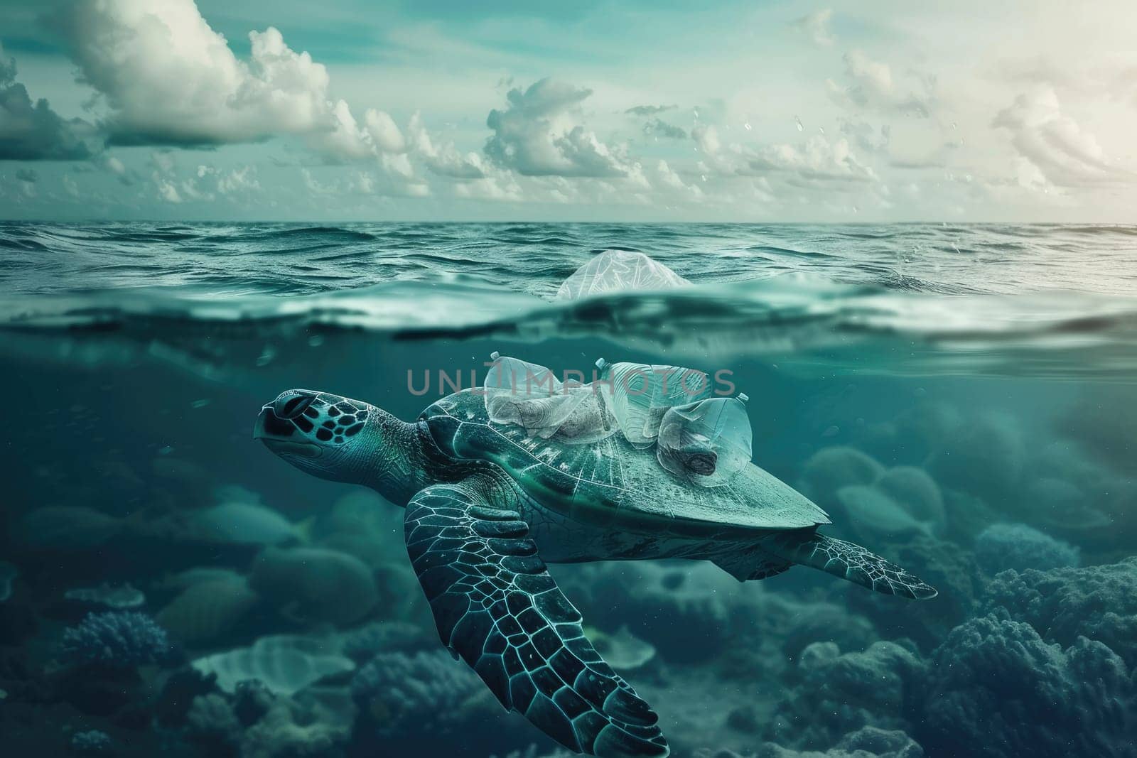 Plastic pollution in the ocean, Stop ocean plastic pollution, Save our ocean, Banner background.