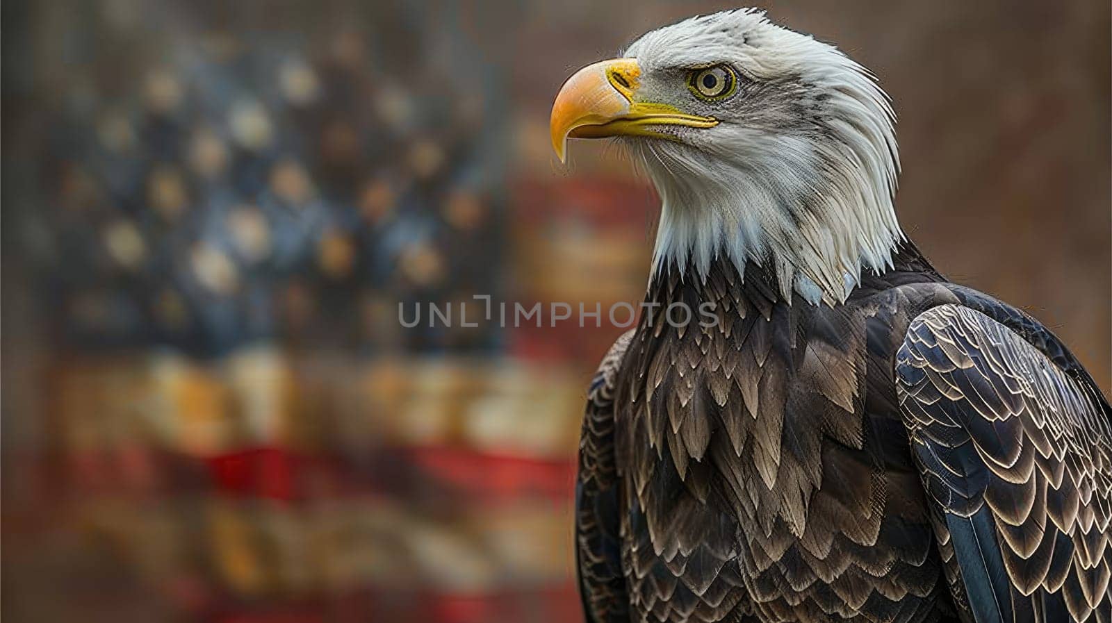 A picture of a bald American eagle with background is the American flag.