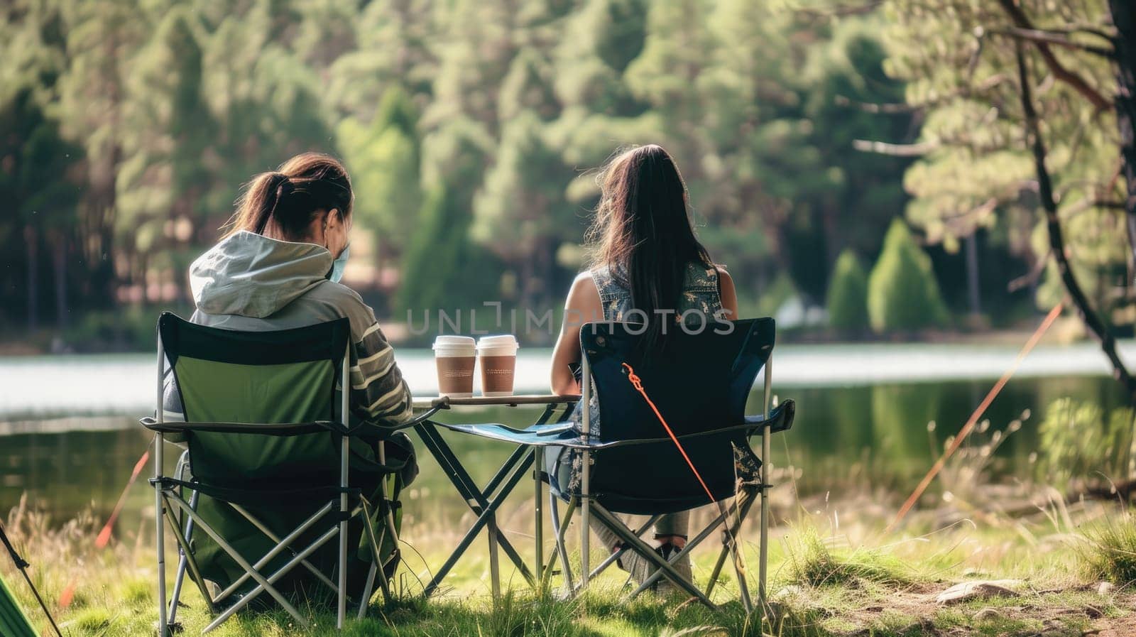 Two female friends enjoying camping, Summer camping.
