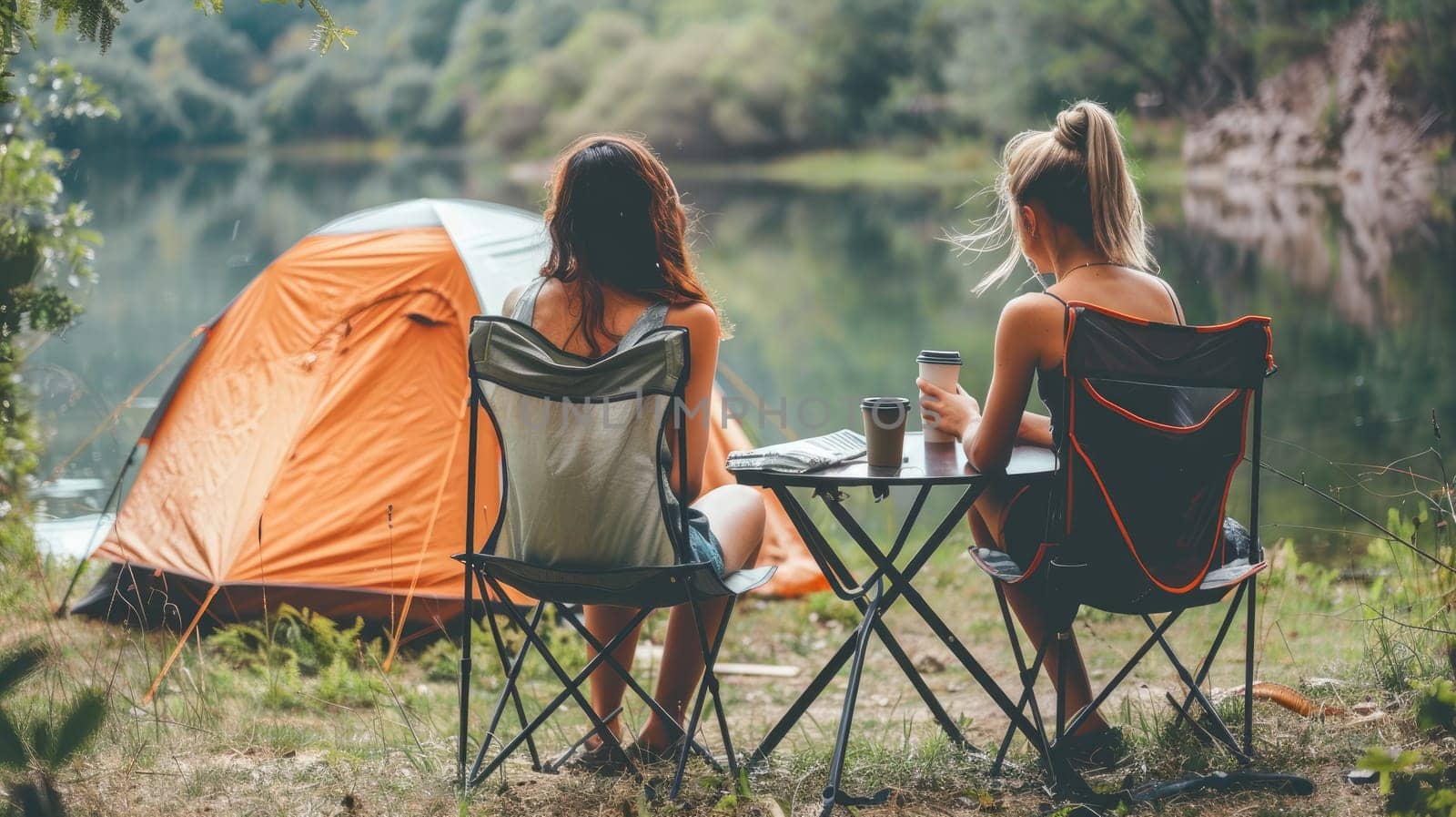 Two women sitting at a table by a lake, one of them holding a cup, Summer camping.