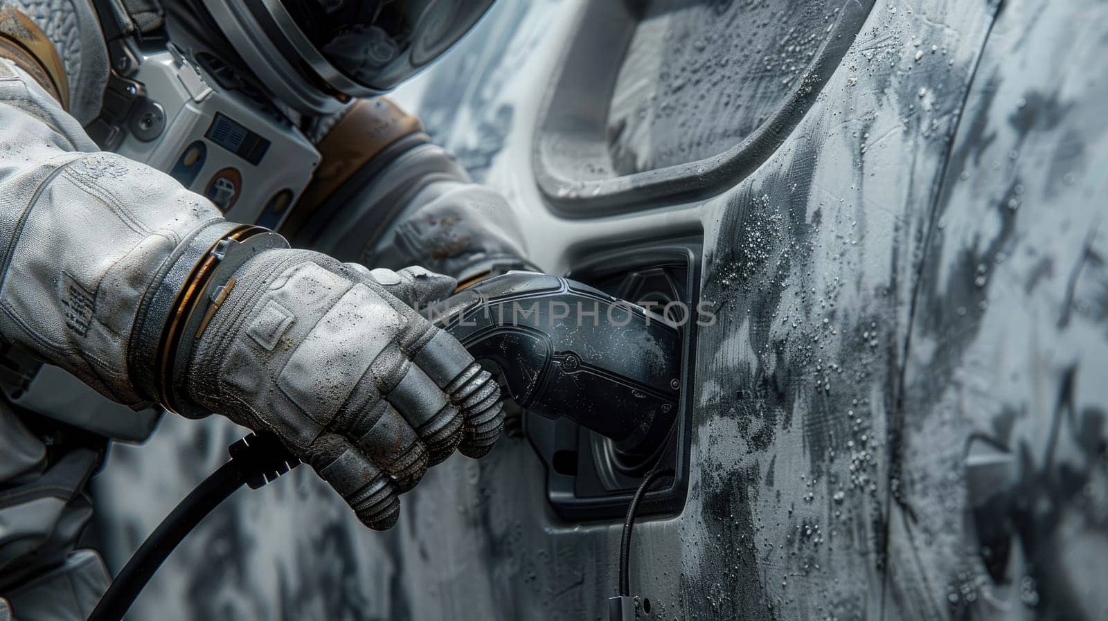 Hand of an astronaut charging electric car, Futuristic technology.