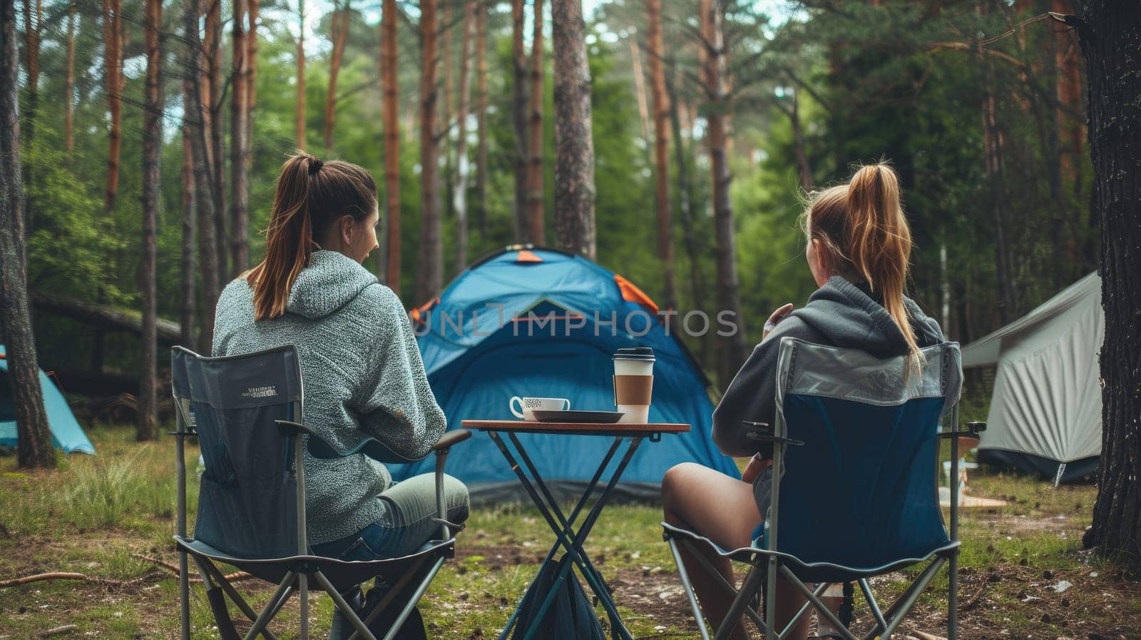 Two women sitting in chairs at a table in a forest, Summer camping by nijieimu