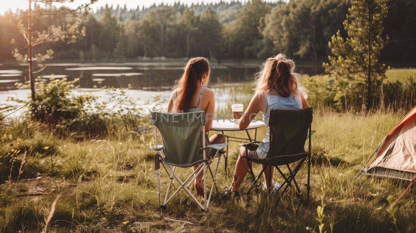 Two female friends enjoying camping, Summer camping.