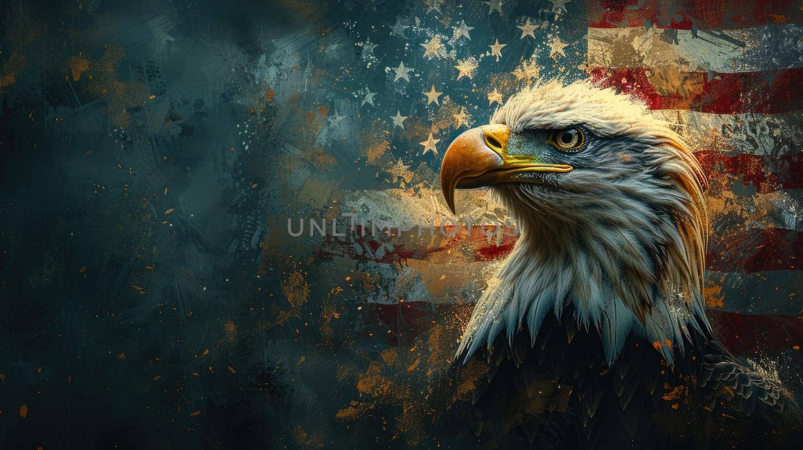 A picture of a bald American eagle with background is the American flag.