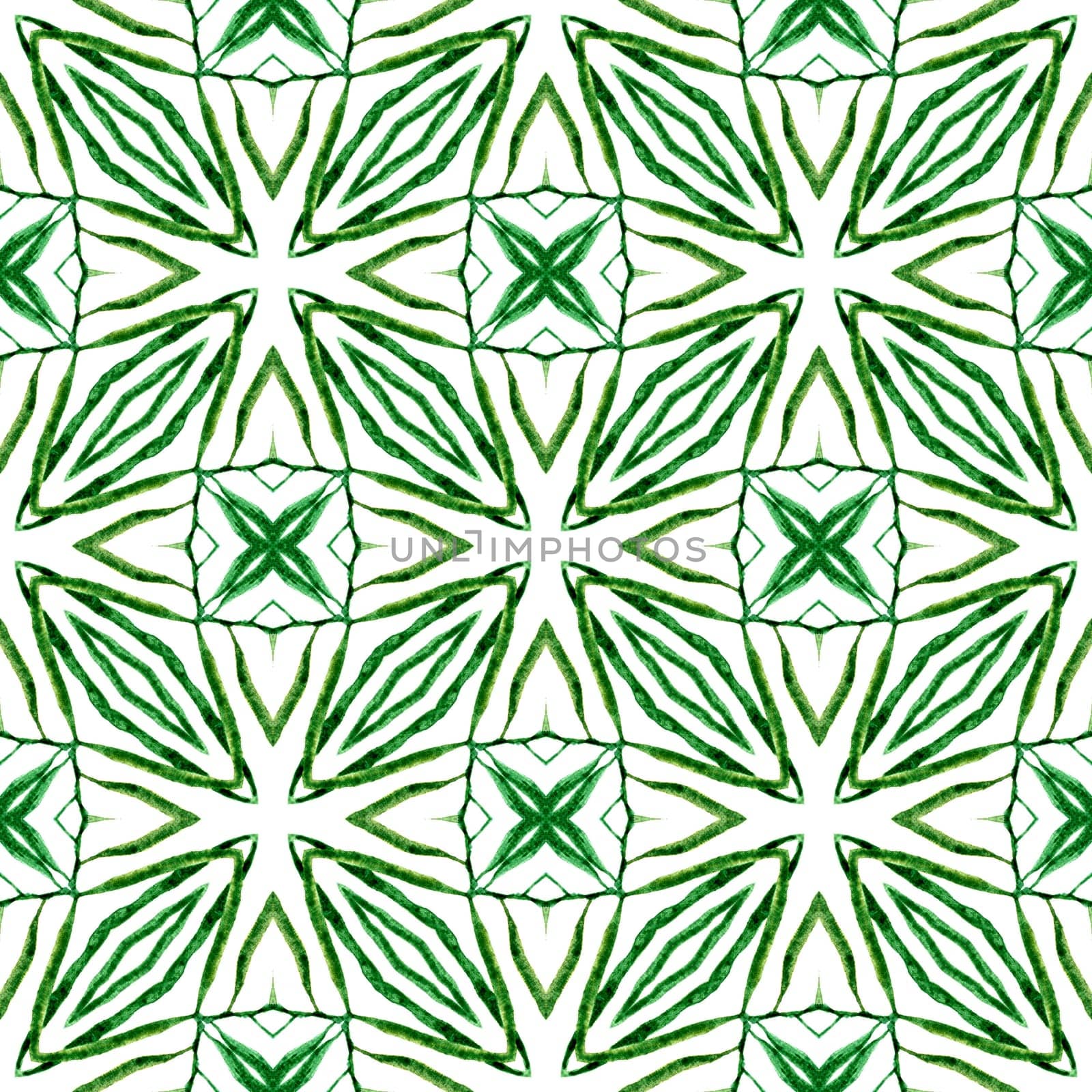 Textile ready likable print, swimwear fabric, wallpaper, wrapping. Green sightly boho chic summer design. Tiled watercolor background. Hand painted tiled watercolor border.