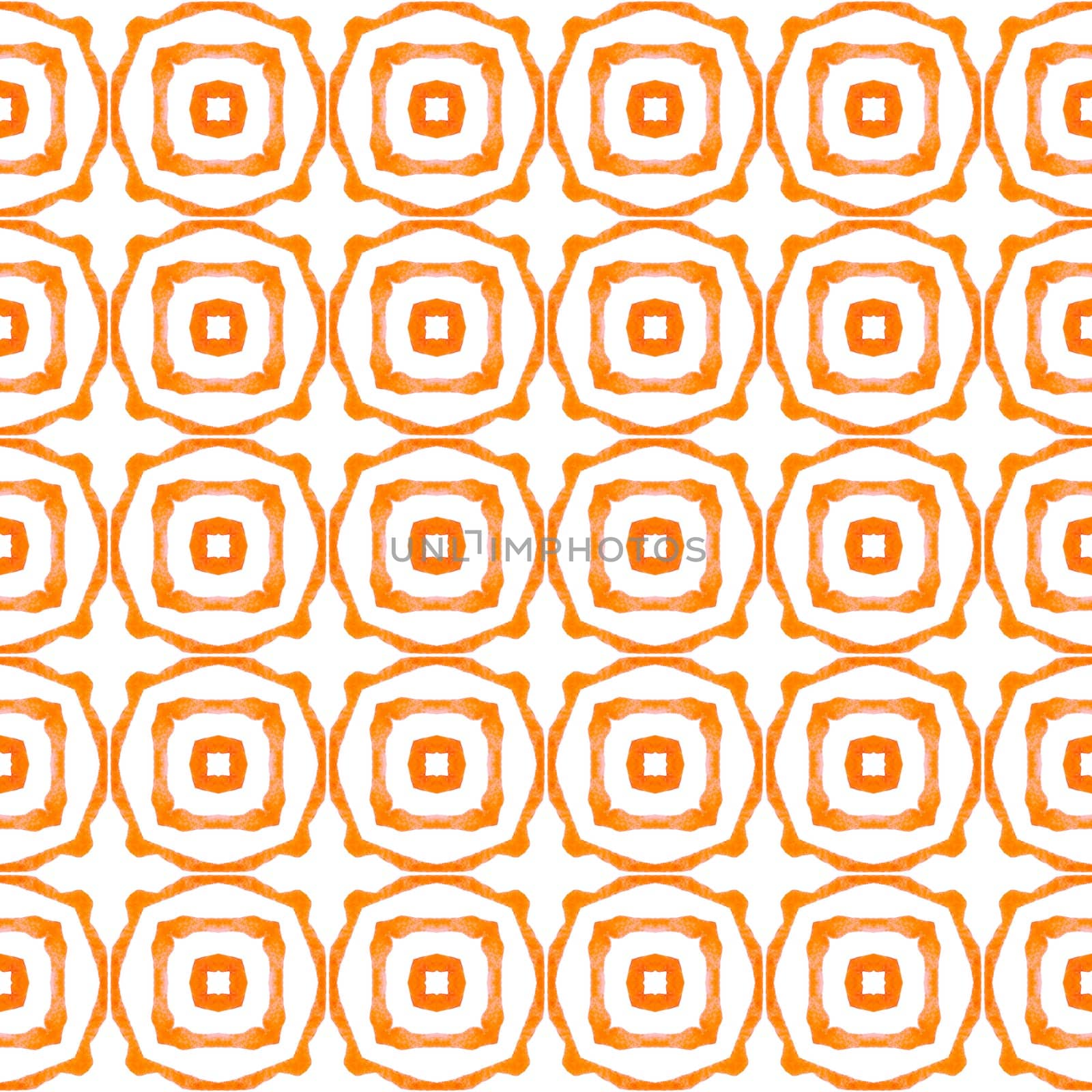 Tiled watercolor background. Orange artistic boho chic summer design. Textile ready Actual print, swimwear fabric, wallpaper, wrapping. Hand painted tiled watercolor border.