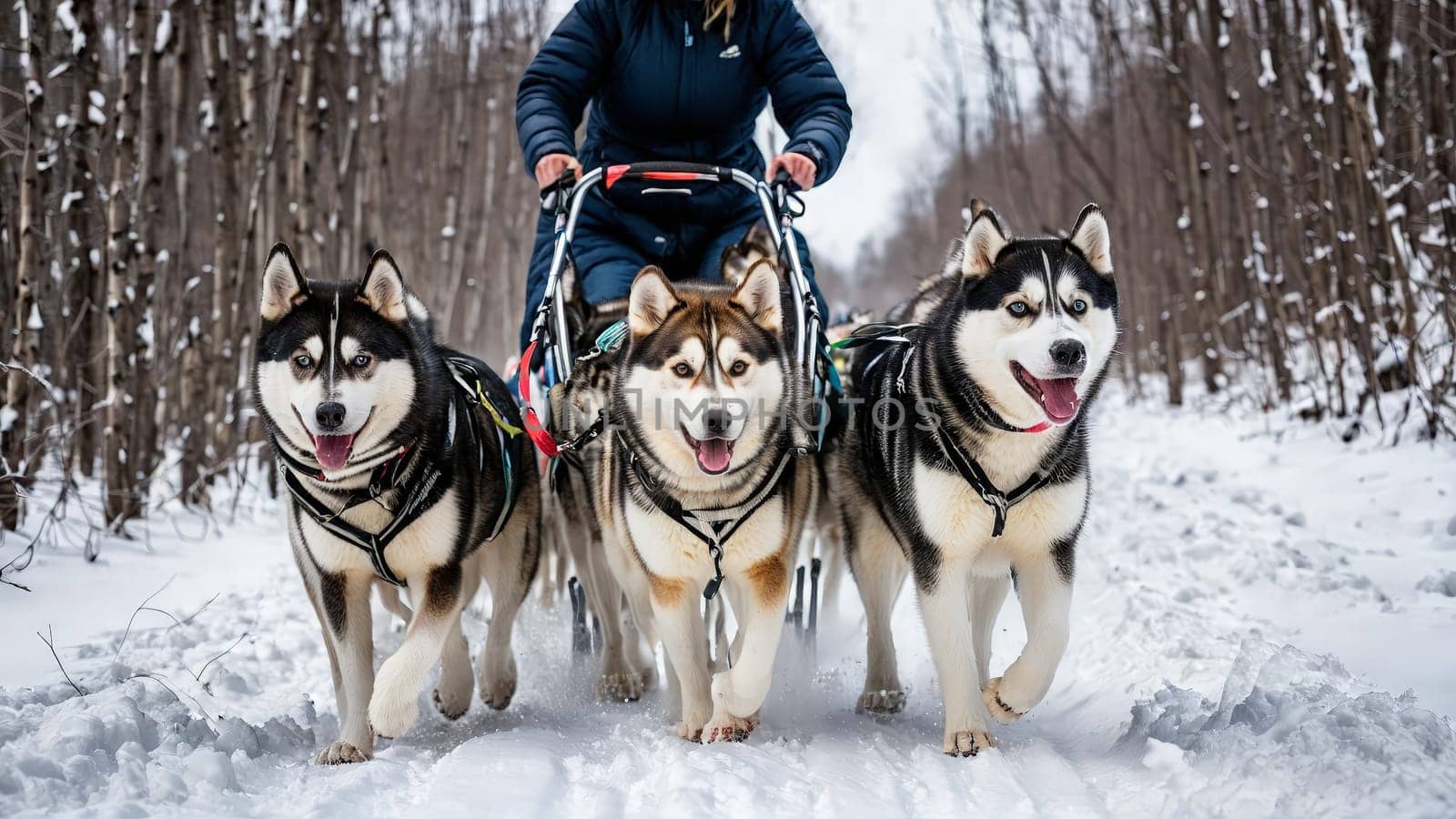 Woman dog sledding team of huskies pulling snowy trail exhilarated expression motion blur by panophotograph