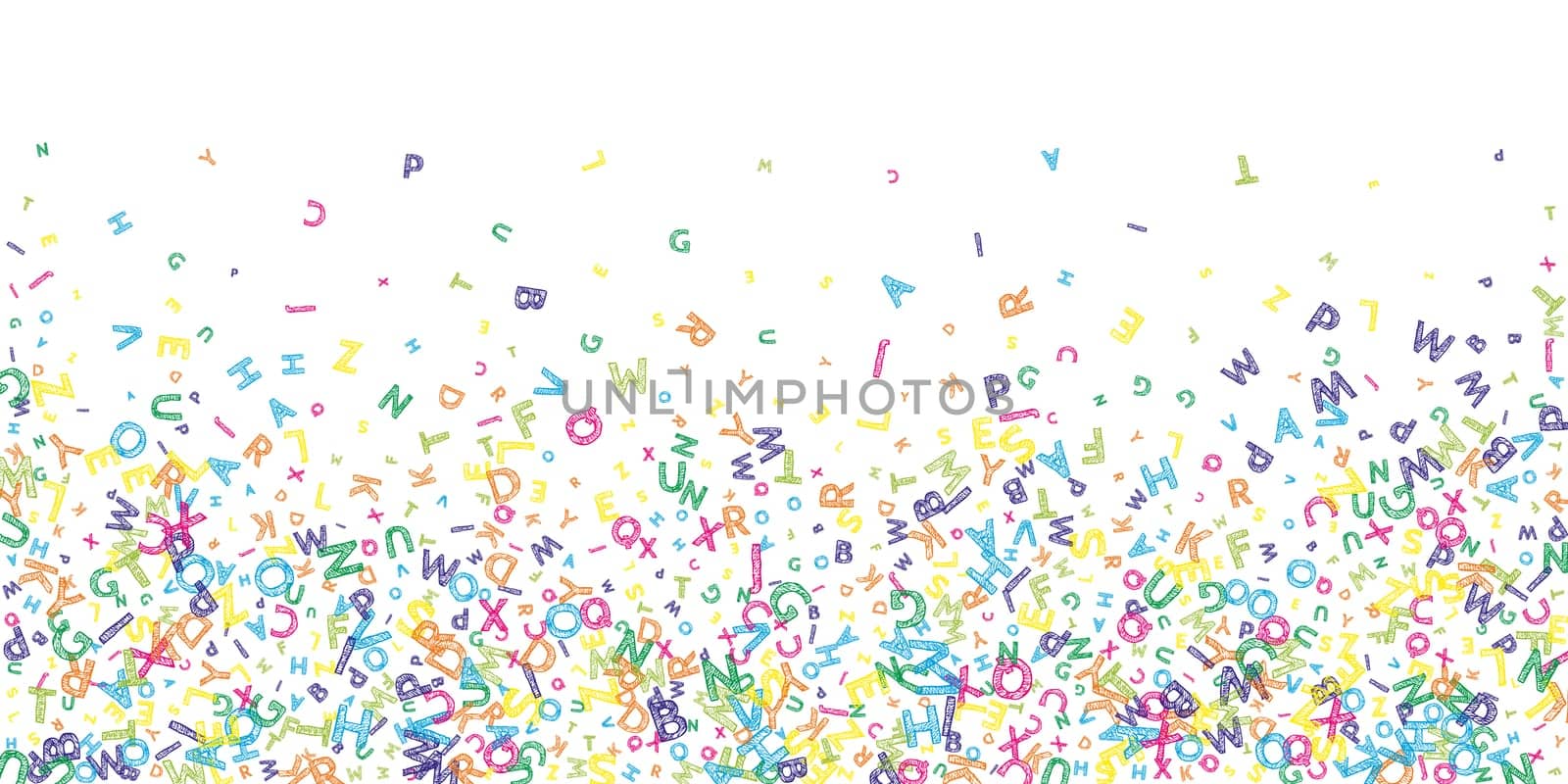 Falling letters of English language. Colorful childish flying characters of Latin alphabet. Foreign languages study concept. Back to school banner .