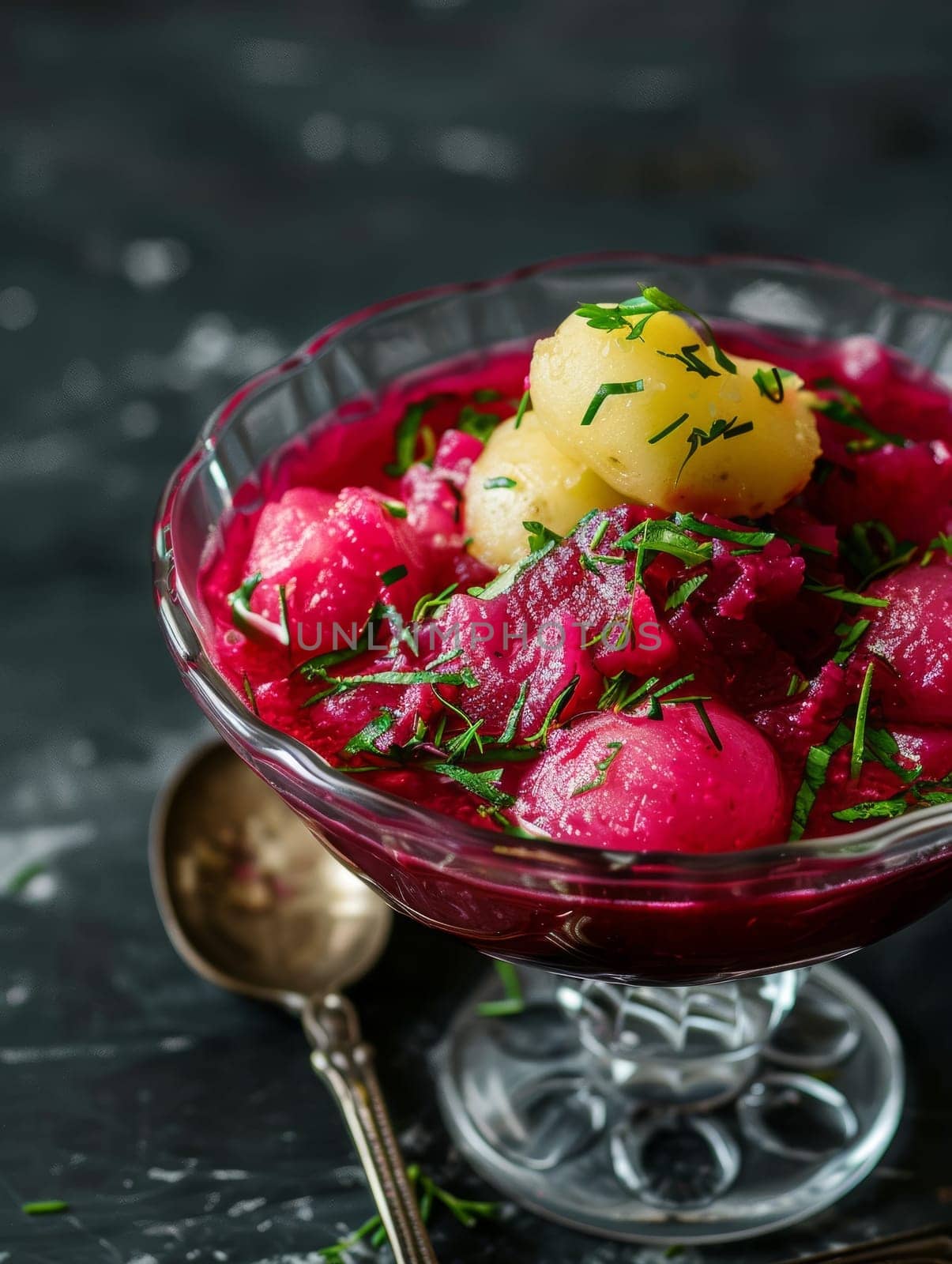 Lithuanian saltibarsciai borscht, a cold beet soup, served in a glass bowl with boiled potatoes. A refreshing and traditional summer dish from Lithuania
