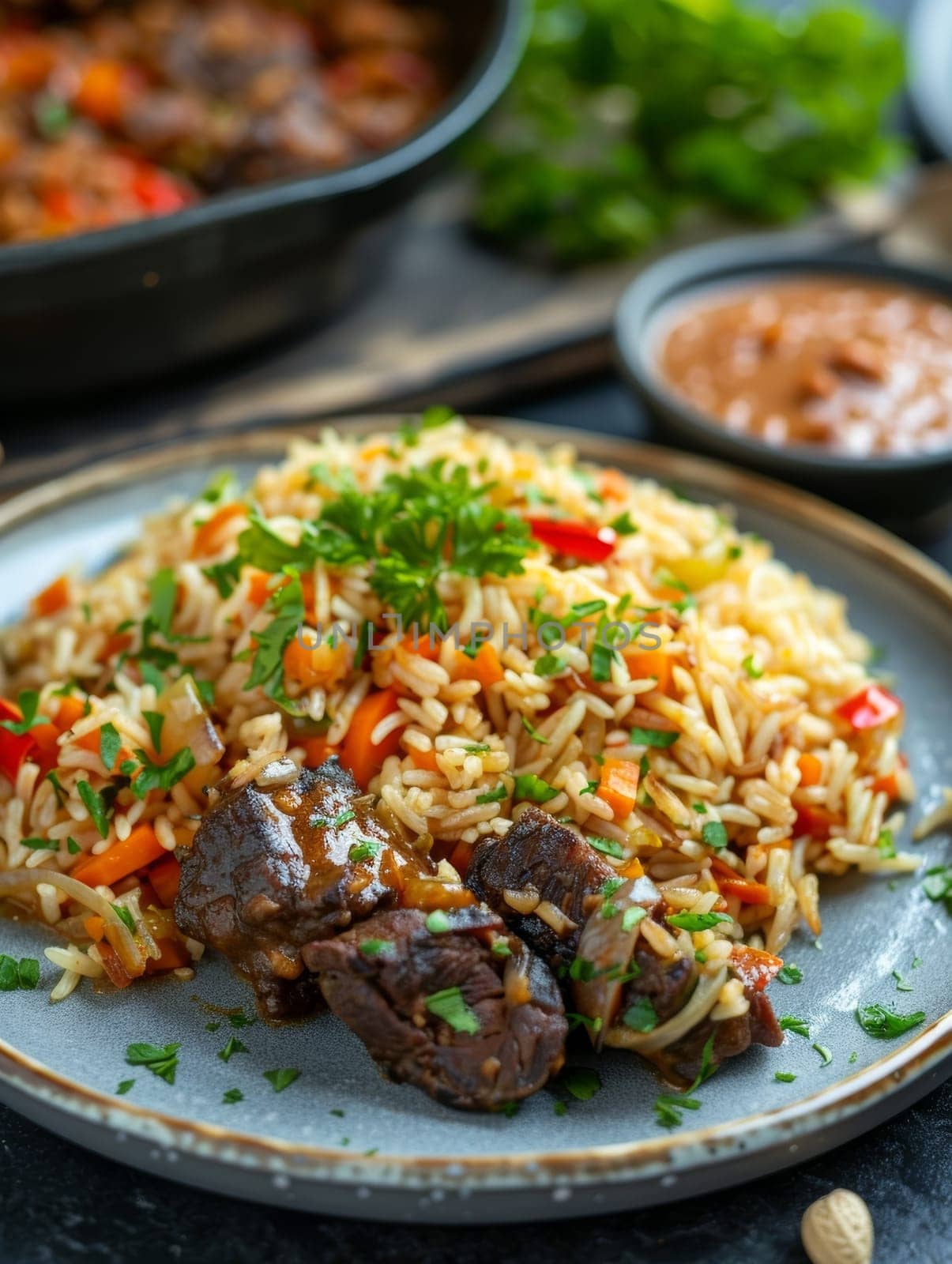 Zimbabwean peanut butter rice, a traditional dish featuring rice cooked with creamy peanut butter, served alongside flavorful meat stew. A taste of authentic African cuisine