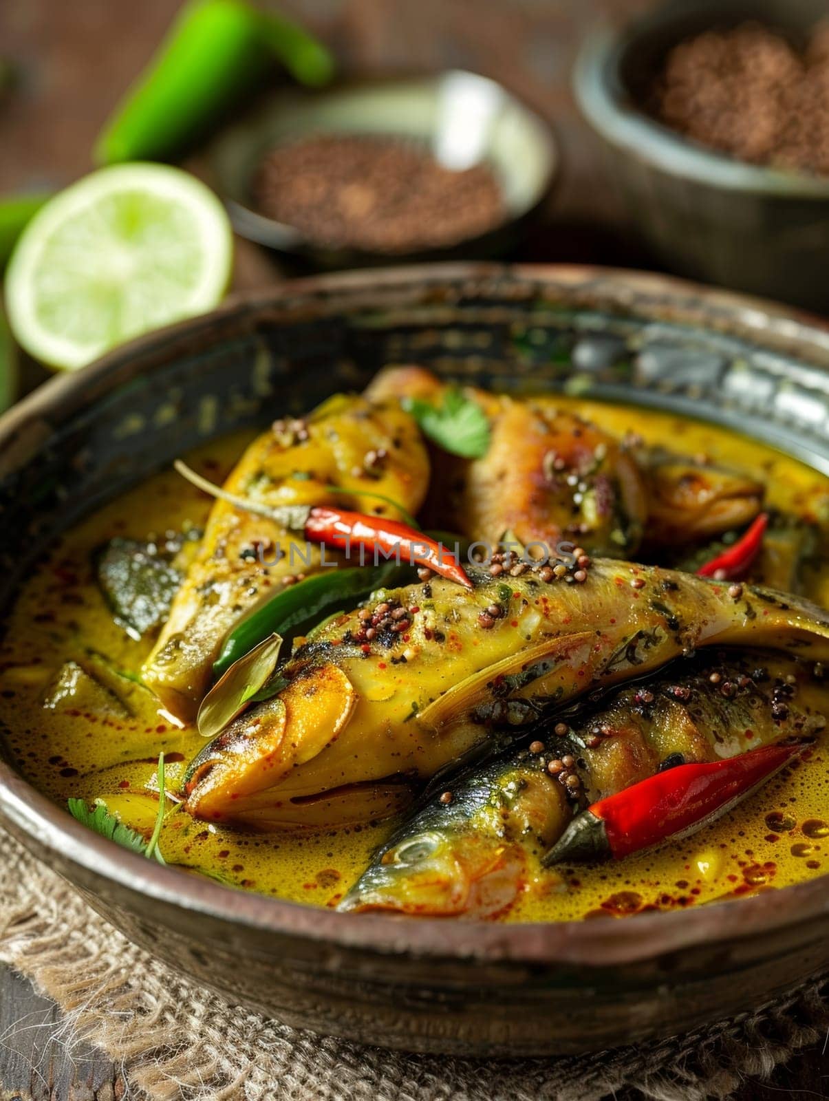 Authentic Bangladeshi hilsa fish curry served in a traditional bowl, seasoned with aromatic turmeric and mustard seeds. This flavorful and creamy dish represents rich culinary heritage of Bangladesh