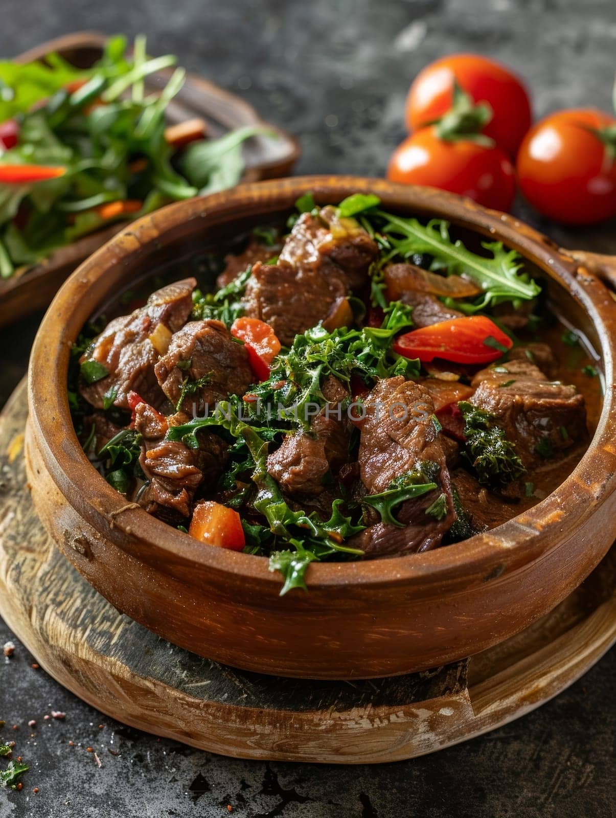 Authentic Malagasy romazava, a beef stew with mixed greens and tomatoes, served in a traditional clay pot. This rustic and flavorful dish represents the rich culinary heritage of Madagascar. by sfinks