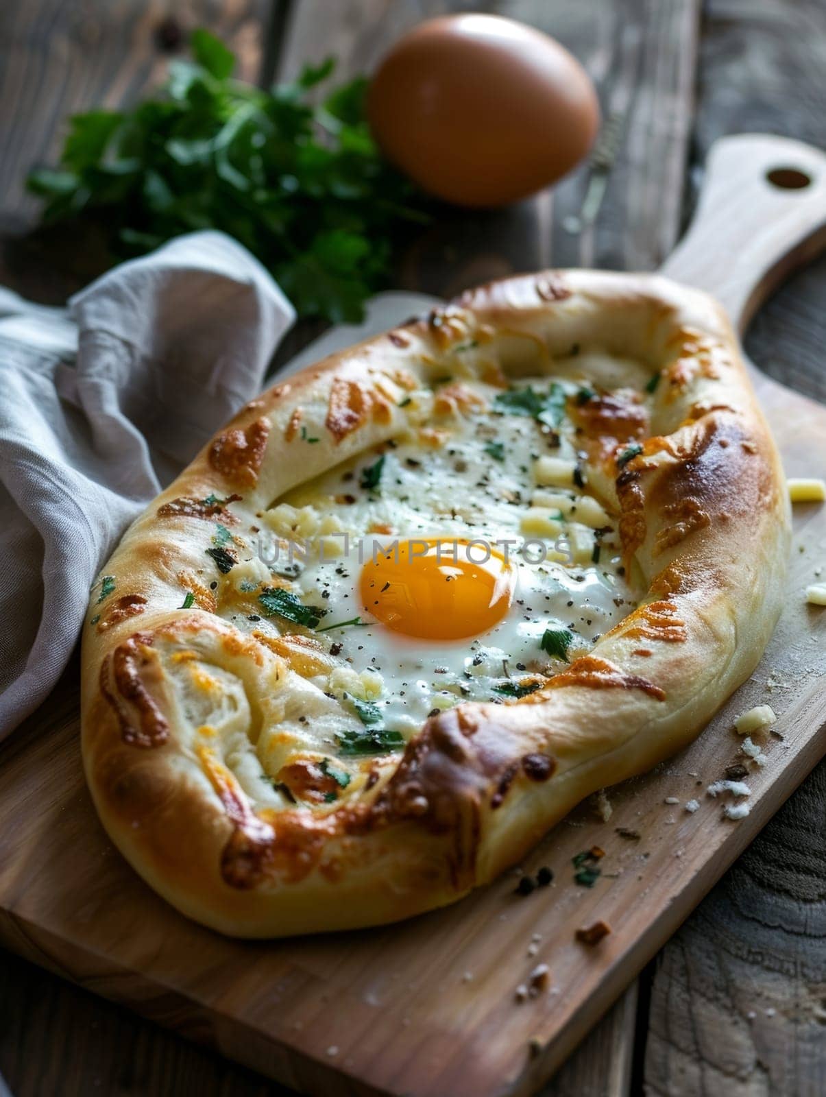 Traditional Georgian khachapuri, a cheesy bread with an egg baked in the center, served on a wooden paddle. This indulgent and comforting dish reflects unique culinary heritage of the Caucasus region