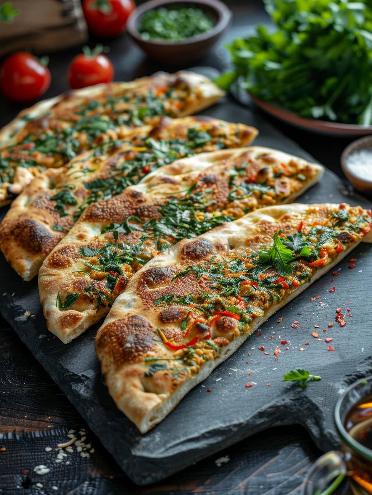 Traditional Azerbaijani qutab, stuffed flatbreads with either greens or minced meat, served on a slate serving board. Hand-crafted and flavorful dish represents the rich culinary heritage of Caucasus