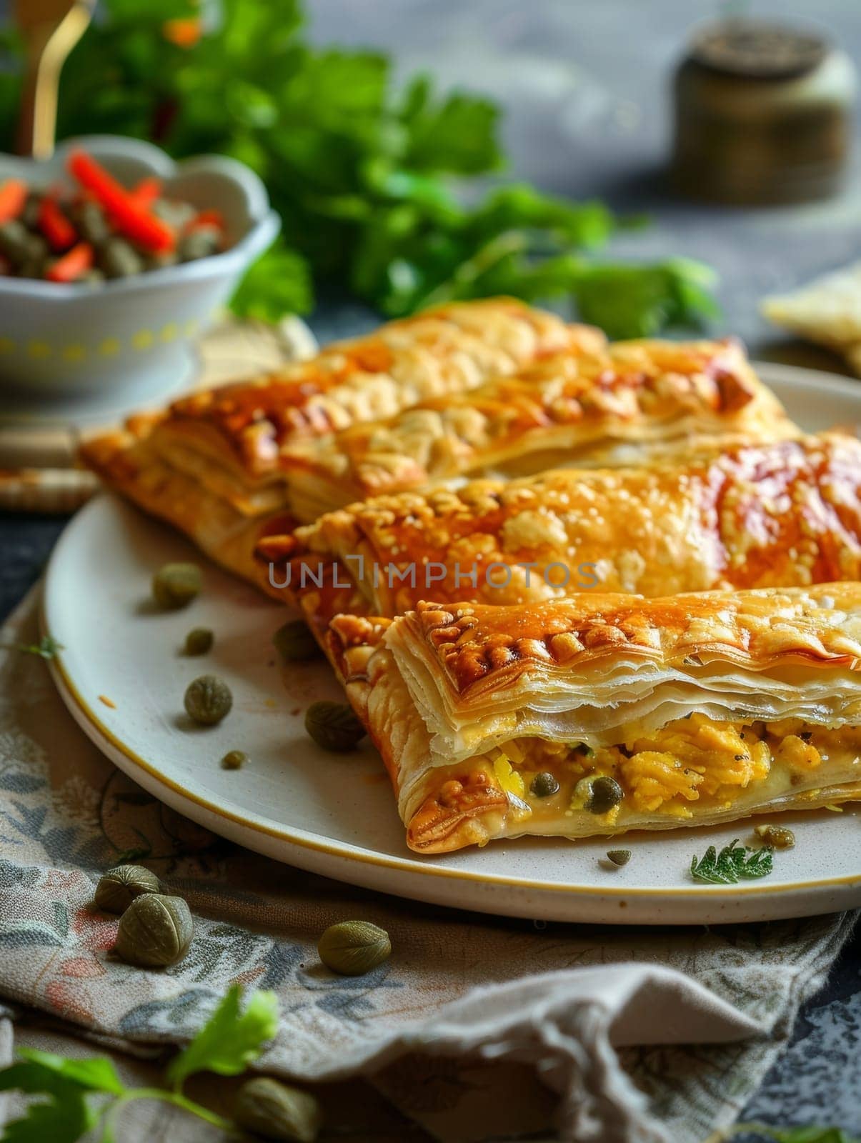 Tunisian brik, a thin, crispy pastry filled with egg, tuna, and capers, served on a light plate. This savory and flavor-packed dish represents the unique culinary traditions of North Africa. by sfinks