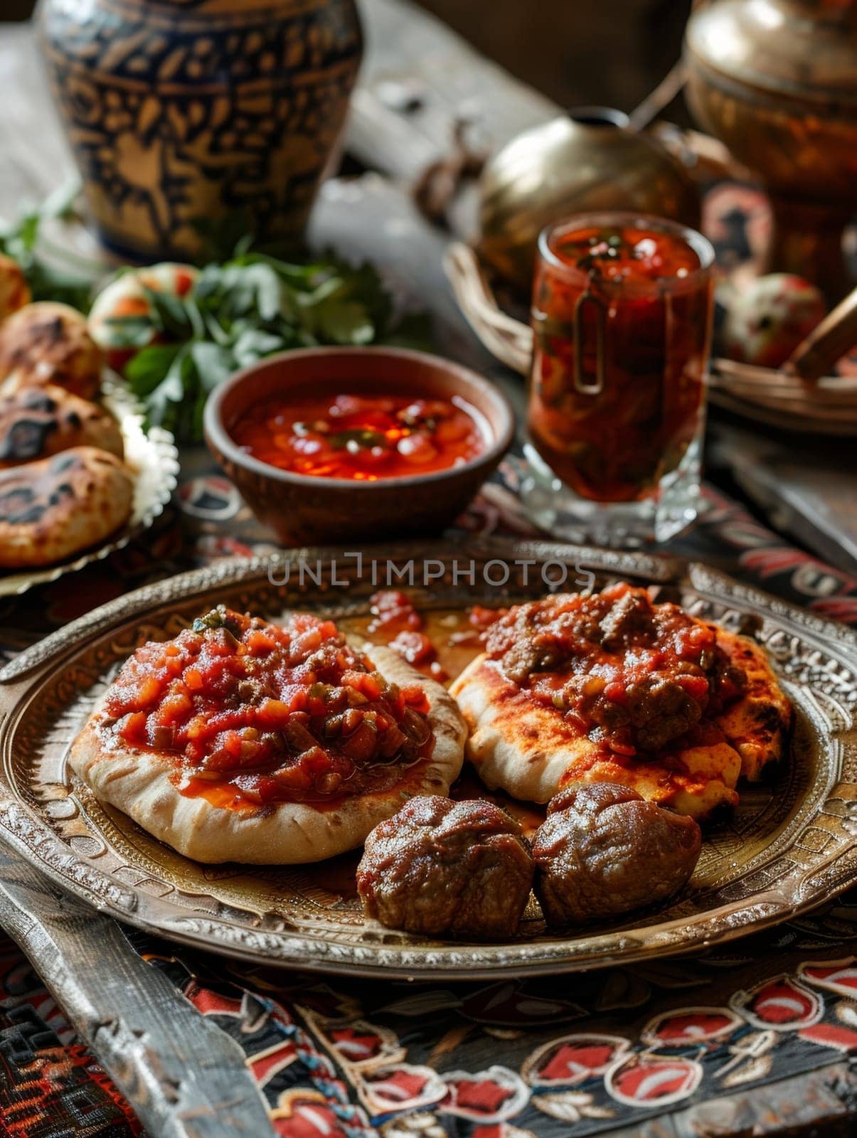 Libyan bazin, a hard dough served with a spicy tomato sauce and meat, presented on a traditional serving tray. This rustic and satisfying dish reflects the unique culinary heritage of North Africa