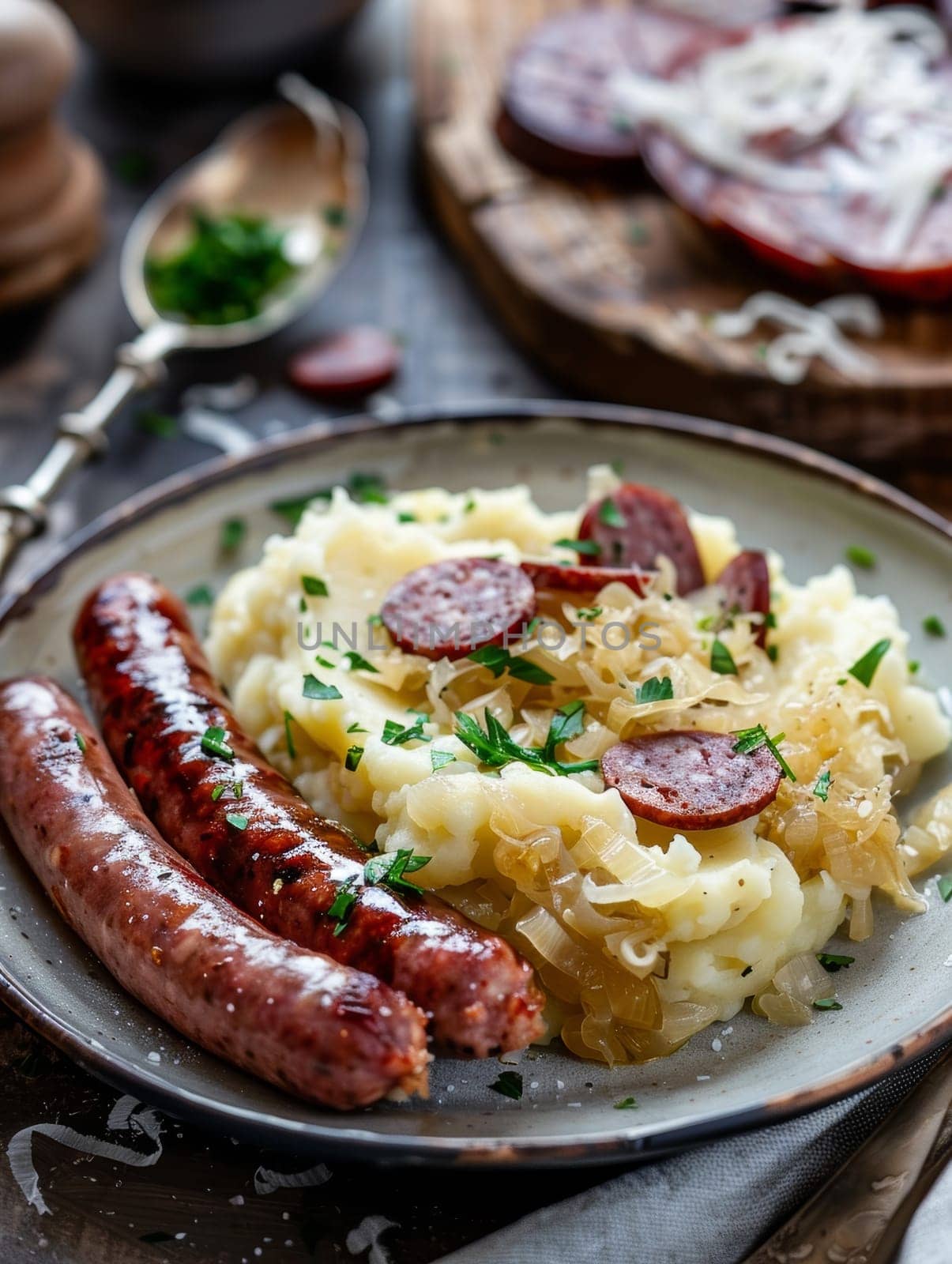 Traditional Dutch stamppot, a dish of mashed potatoes mixed with sauerkraut and smoked sausage, served on a plate. This hearty and comforting meal reflects the rich culinary traditions of Netherlands. by sfinks