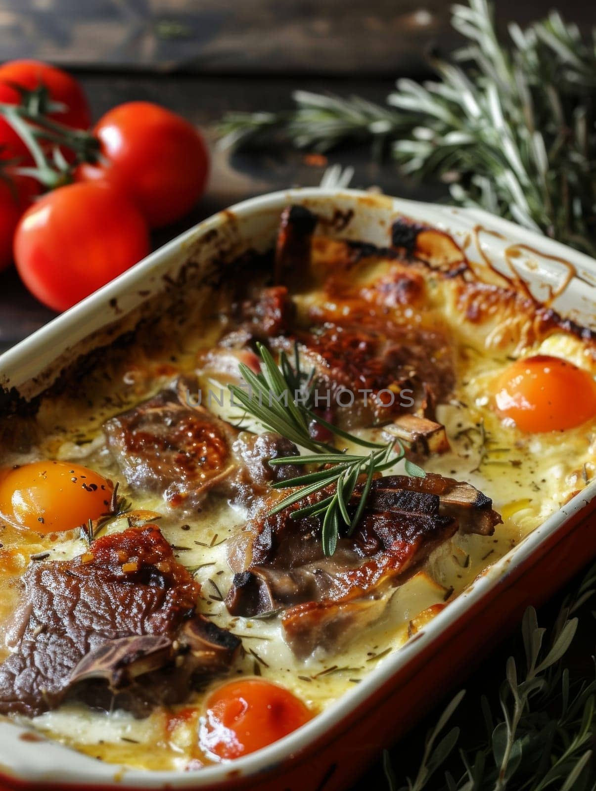 Albanian tave kosi or tave elbasani, dish of lamb baked in a creamy yogurt and egg custard, presented in a baking dish. Comforting traditional Balkan meal reflects unique culinary heritage of Albania