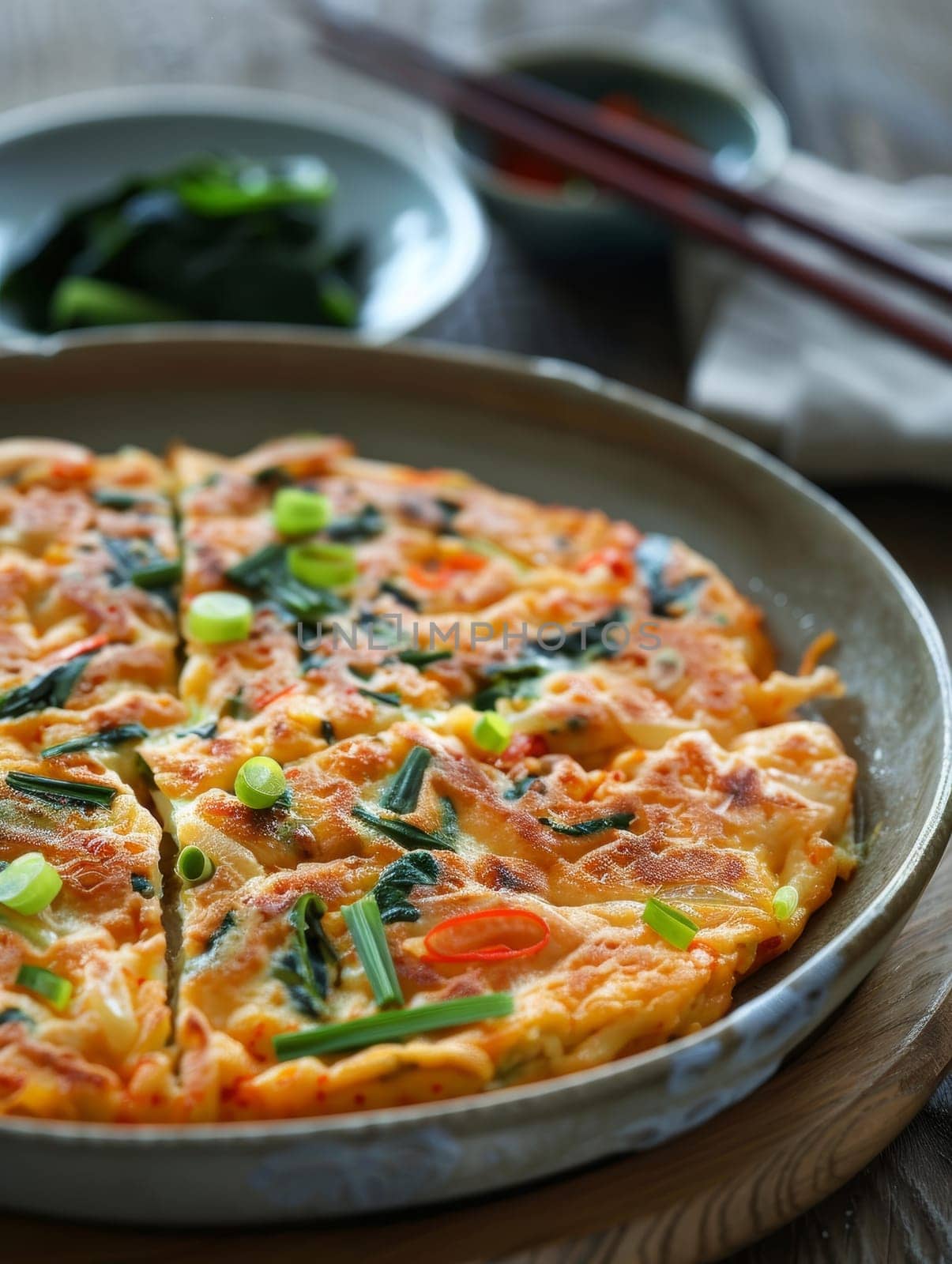 Delectable South Korean haemul pajeon, a savory seafood pancake with fresh scallions, served on a ceramic dish. This traditional Asian cuisine item makes a mouthwatering appetizer or snack. by sfinks