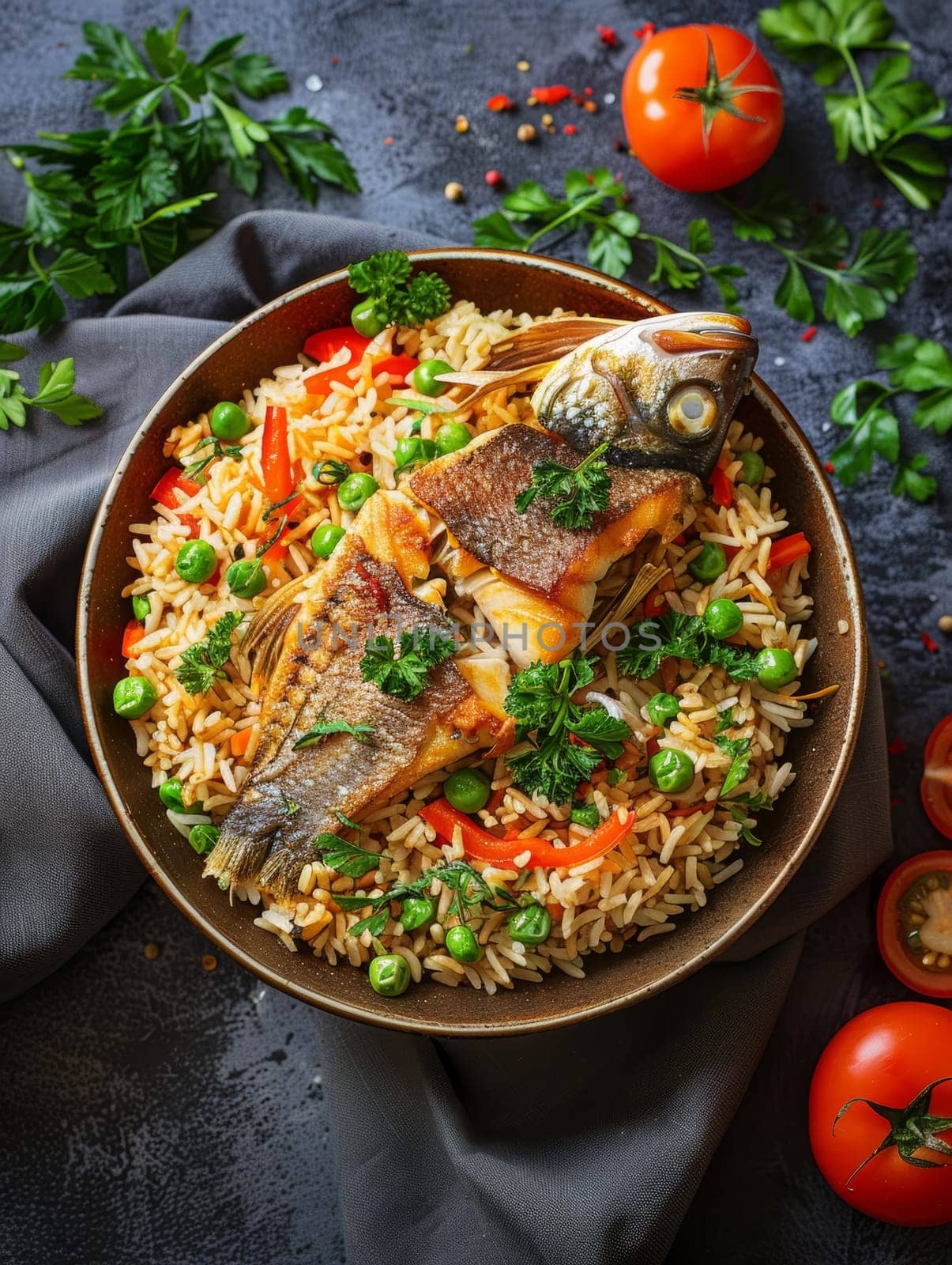 Vibrant Senegalese thieboudienne, a traditional fish and rice dish with an abundance of fresh vegetables, served in a large, shallow bowl. This West African culinary delight showcases the rich. by sfinks