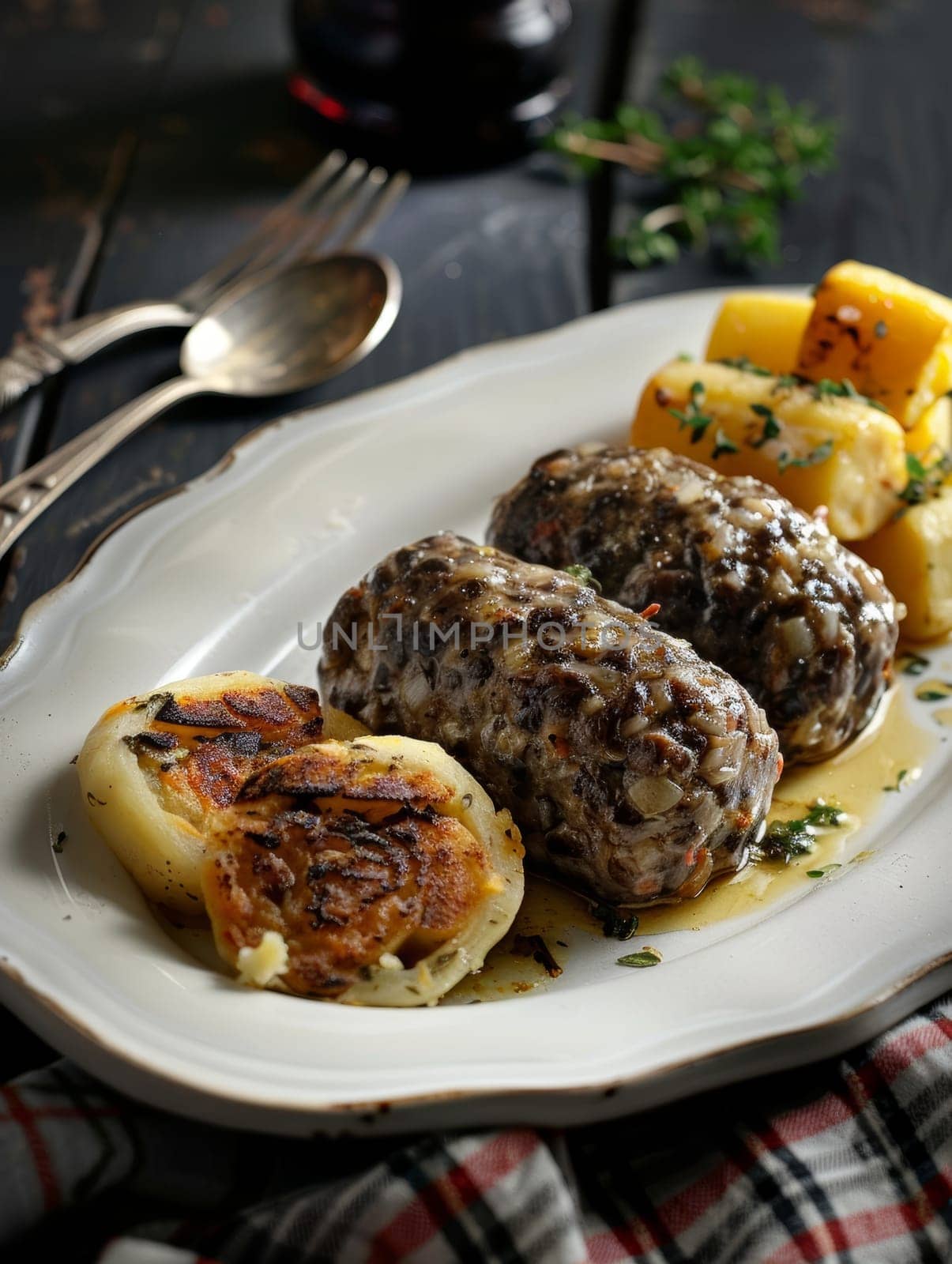 Authentic Scottish haggis dish with traditional accompaniments of mashed turnips neeps and potatoes tatties, served on a simple white platter. This classic, hearty meal represents cultural heritage. by sfinks