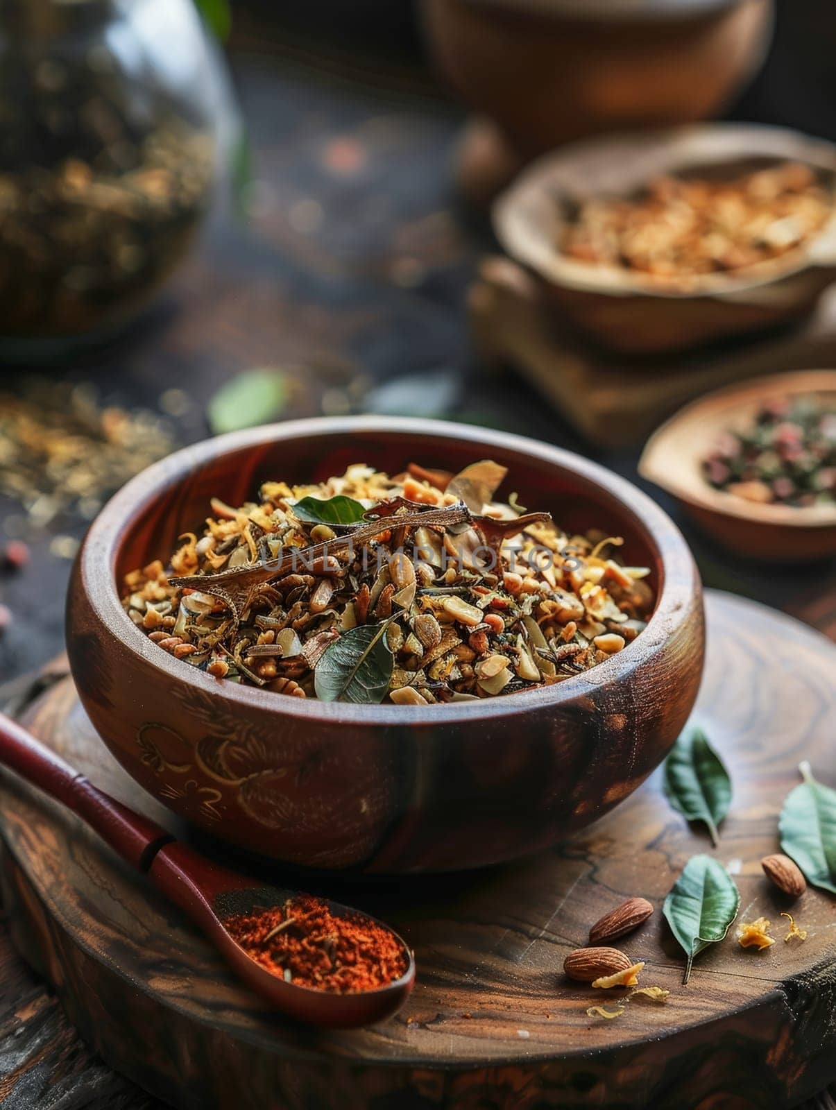 Burmese lahpet thoke or tea leaf salad, made with fermented tea leaves, crunchy nuts, seeds, and other fresh ingredients, served in an authentic wooden bowl. by sfinks