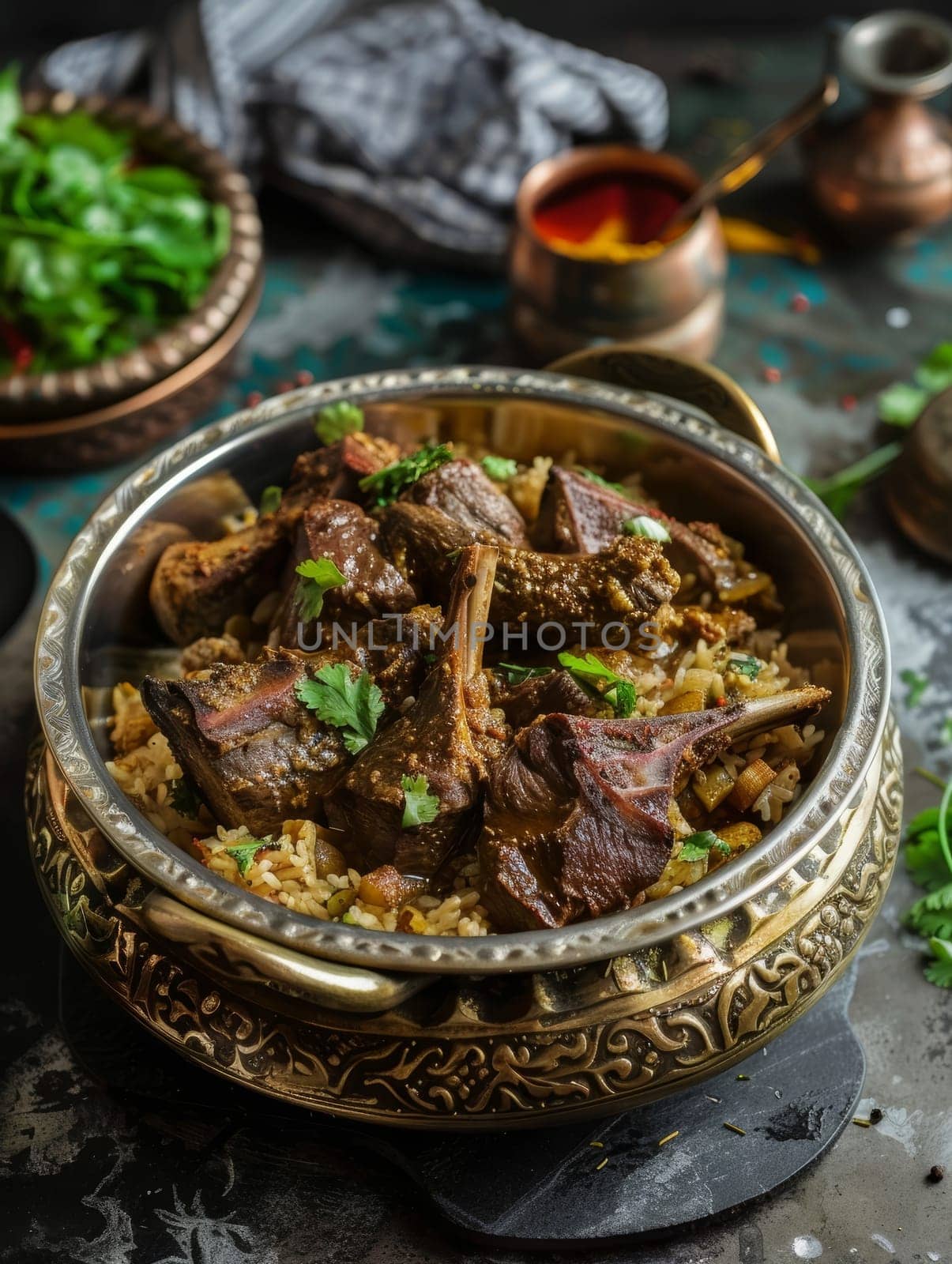 Omani shuwa, a traditional slow-roasted lamb dish marinated in a rich blend of Middle Eastern spices, served in an authentic earthenware serving pot. This savory, tender meat dish of Oman