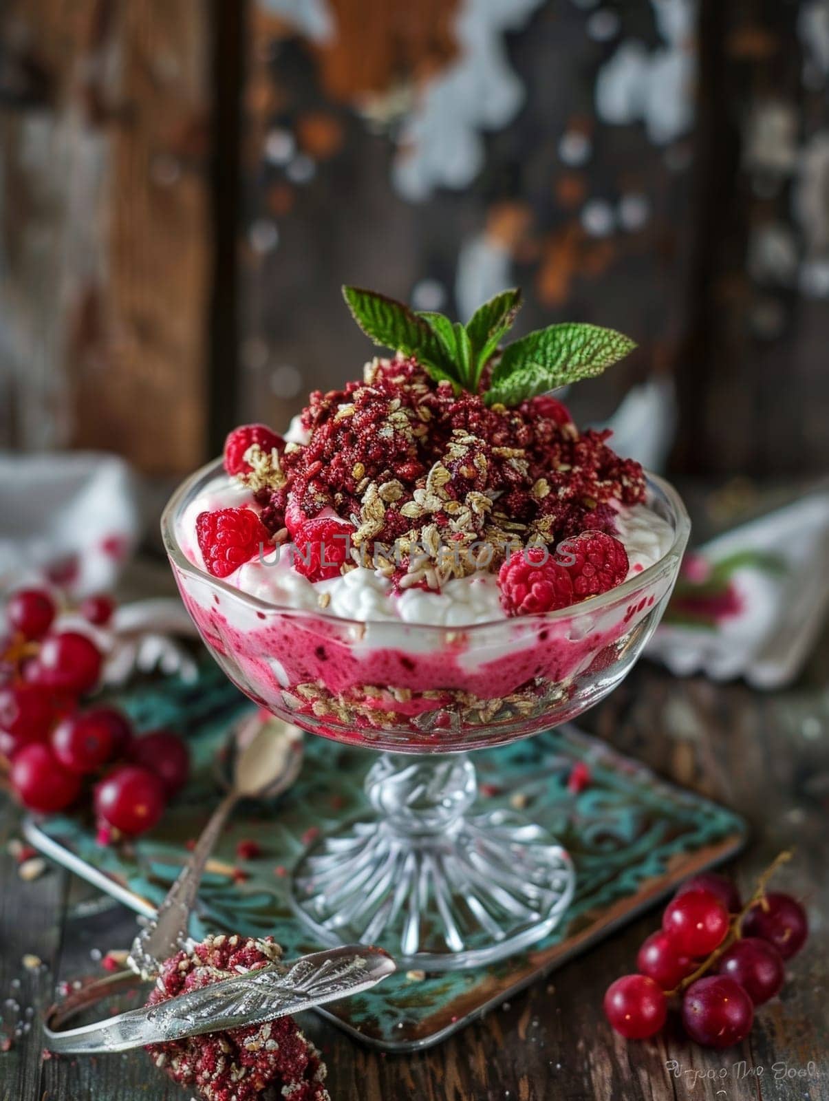 Estonian kama, a traditional mixture of ground grains, served with fresh yogurt and berries in a simple glass bowl. This wholesome, nutritious dish represents the cultural heritage. by sfinks