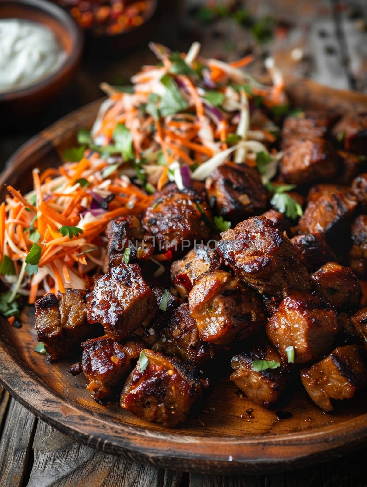 Authentic Haitian griot, marinated and fried pork cubes, served on a tray with a vibrant spicy slaw - a mouthwatering representation of the rich culinary heritage and flavors of the Caribbean. by sfinks